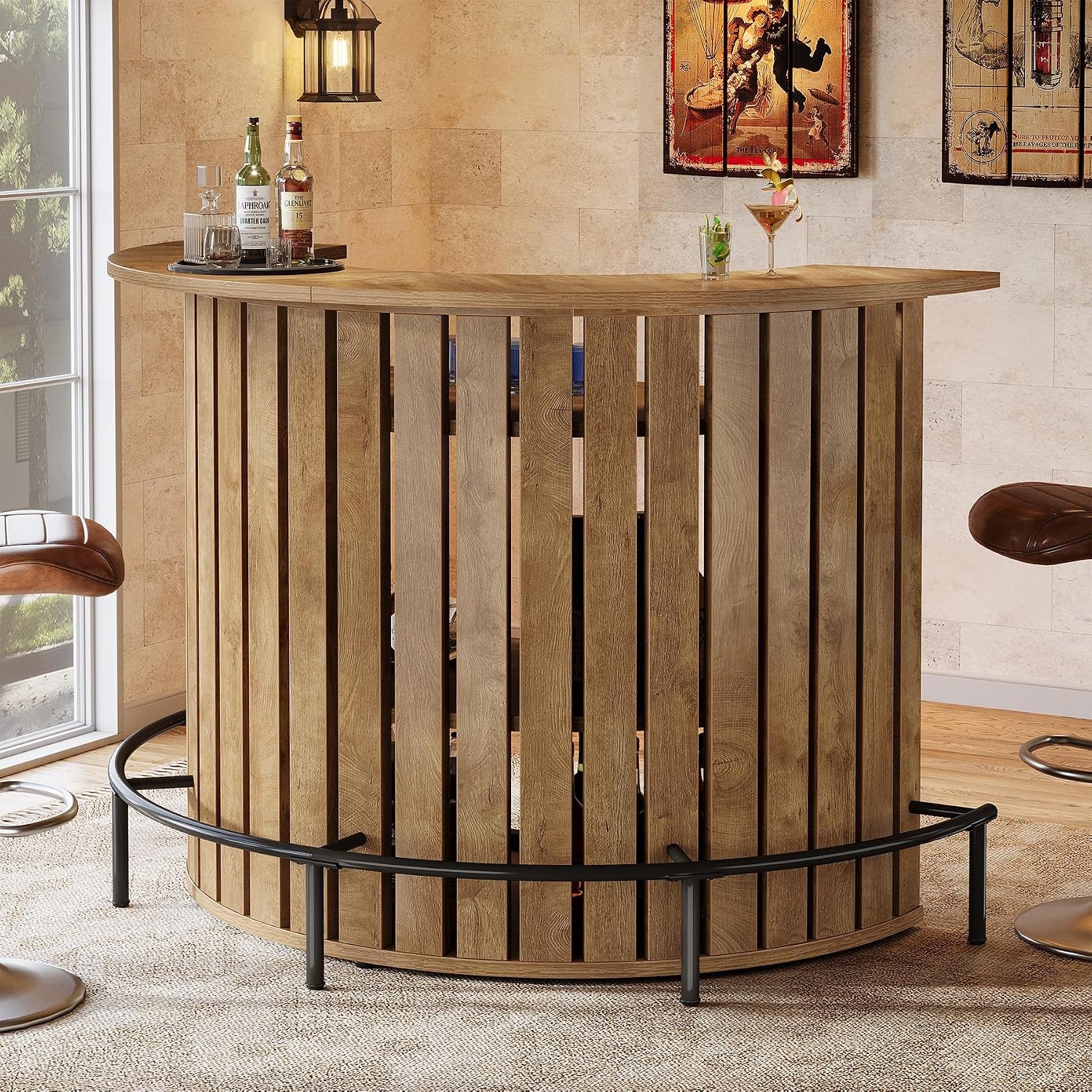 47.24″ Arc-Shaped Bar Table 4-Tier Modern Wood Home Bar Unit with Metal Footrest