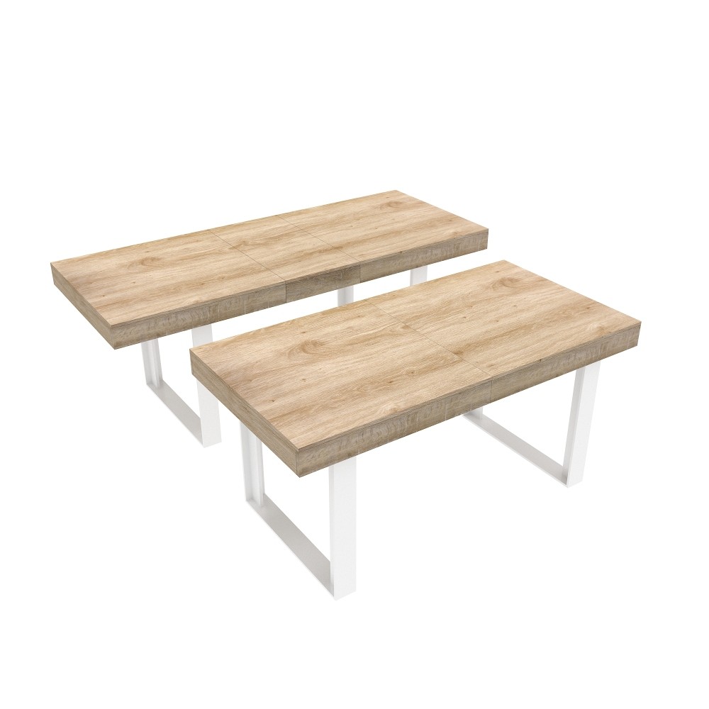 Extendable Wooden Dining Table White+Oak Particle Board Expandable Kitchen