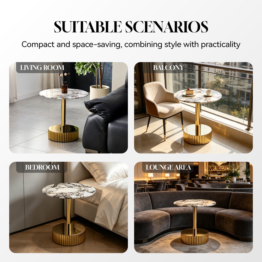 21.65″ Marble Glass End Table Nightstand Gold Stainless Steel Frame Bedroom Room