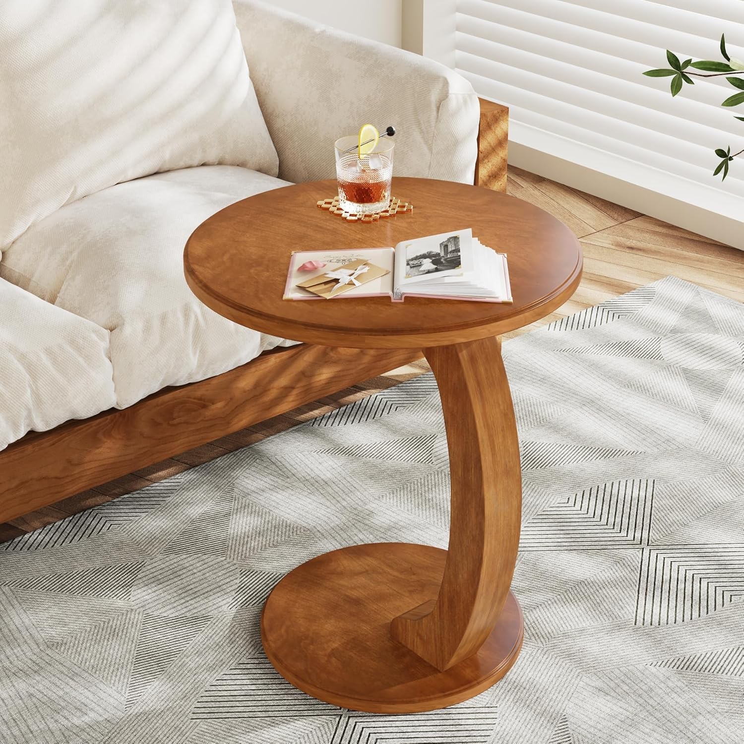 Wooden C-Shaped End Table, Mid-Century Modern Side Sofa Table for Living Room
