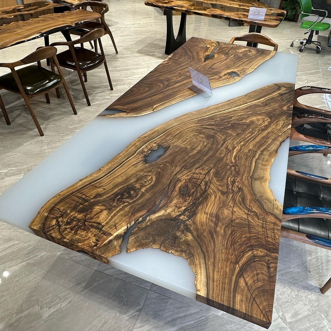 Live Edge Walnut Epoxy River Table | Handmade Ocean Blue Resin Dining Desk