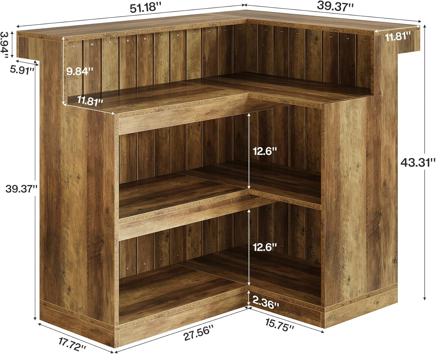 L Shaped Bar Table with Storage Shelves Industrial 4-Tier Corner Home Bar Unit