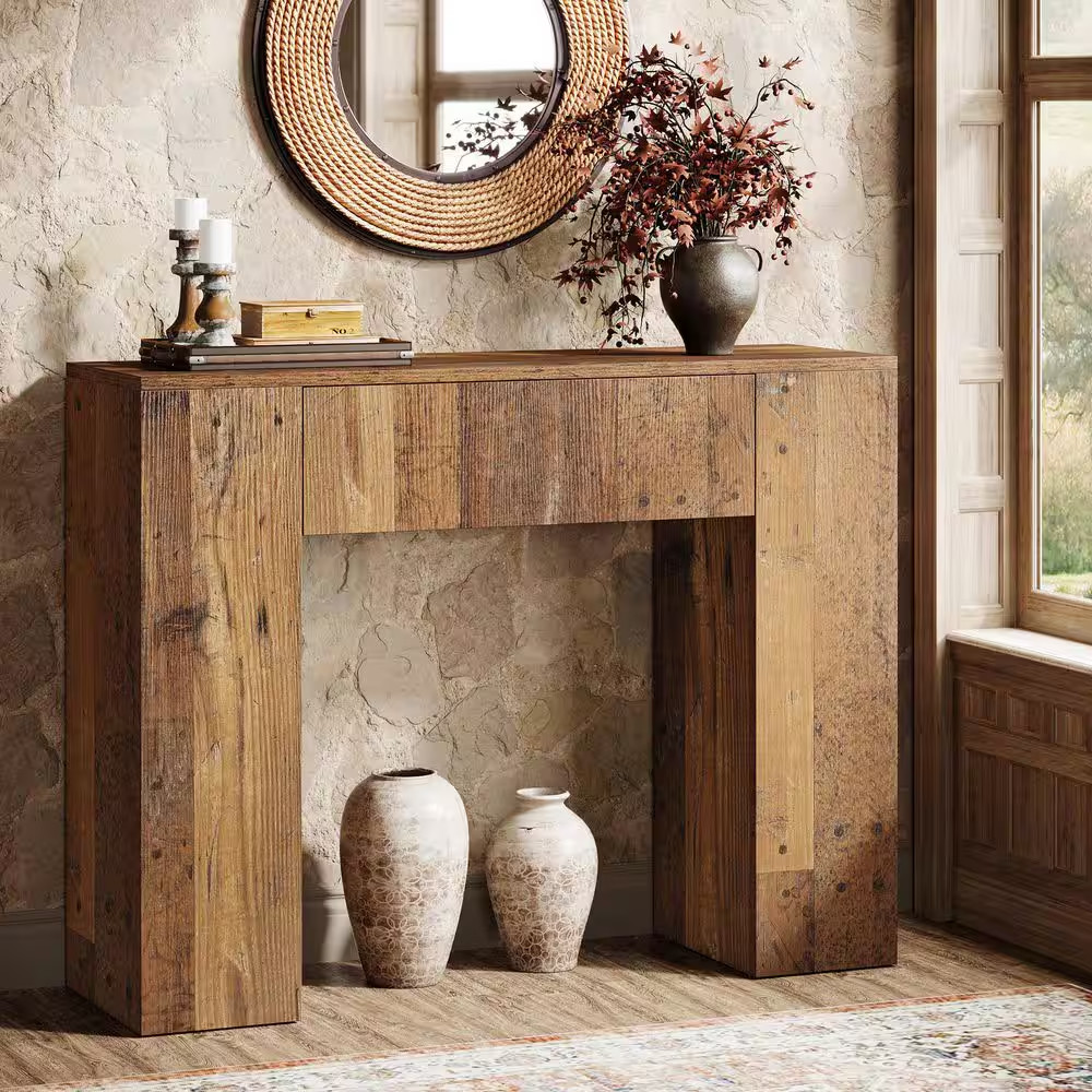 39 In. Brown Rectangle Wood Small Console Table with Drawers for Narrow Entryway
