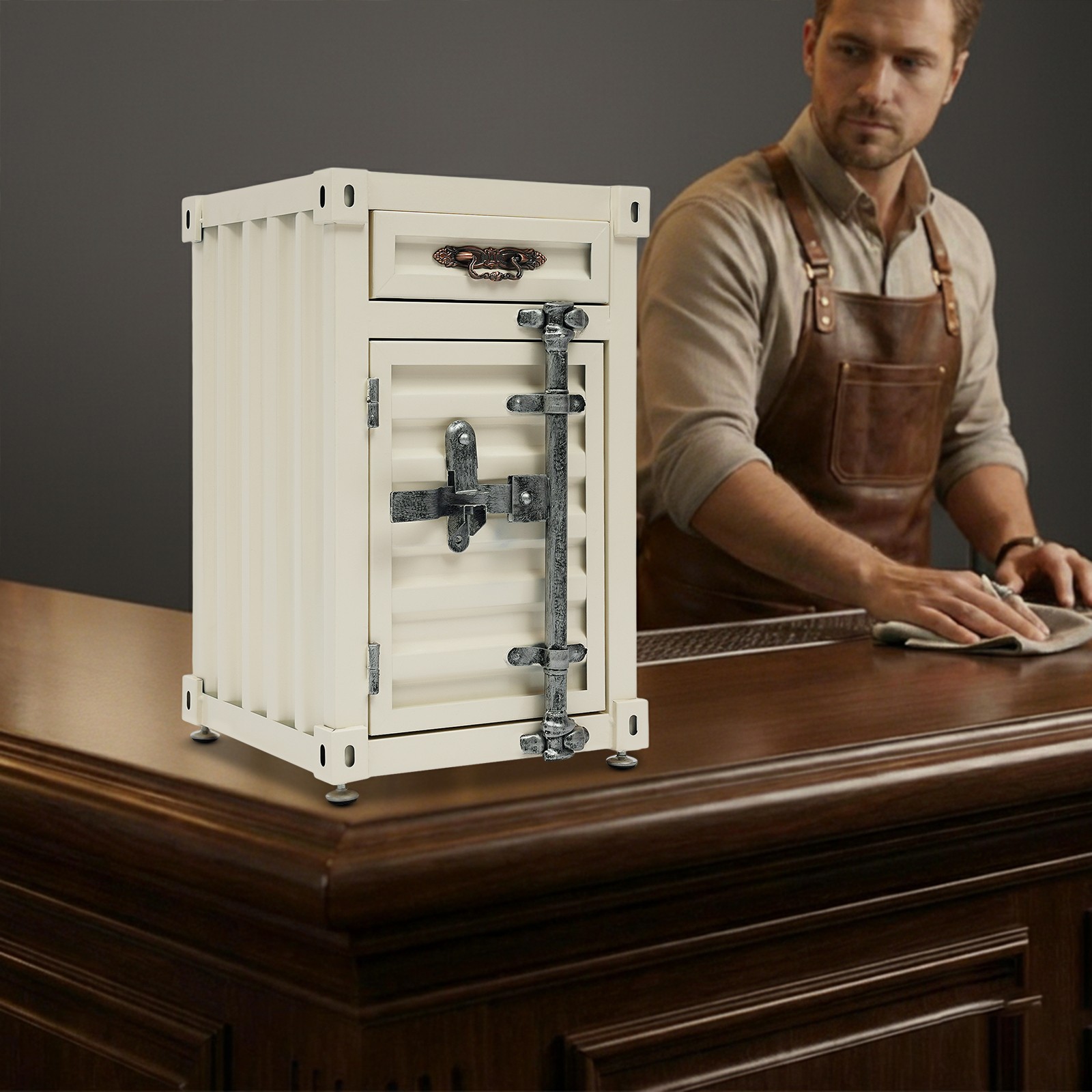 Industrial Metal Storage Cabinet with Lockable Drawer, Creamy White