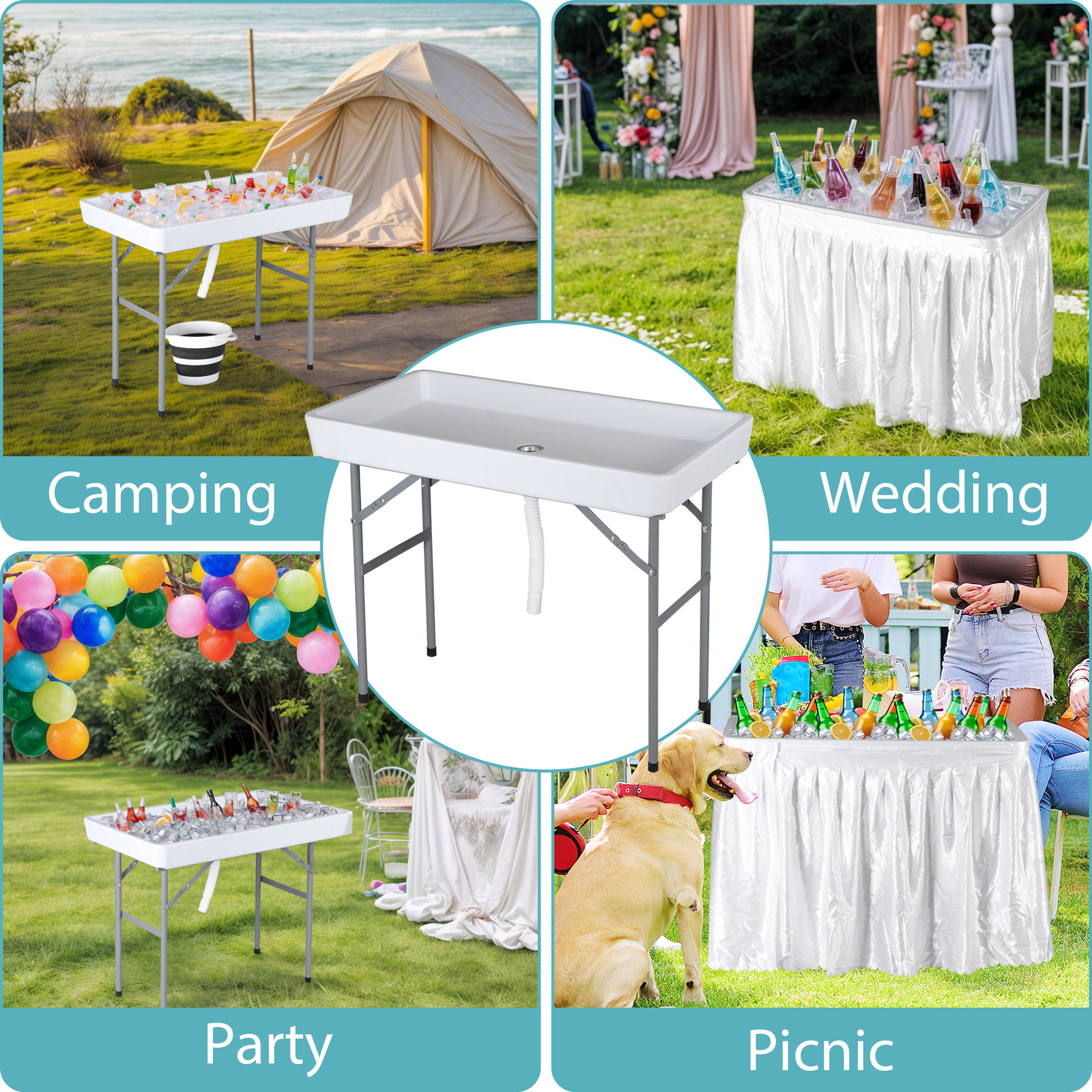 40.5” Folding Ice Cooler Table with Detachable White Skirt Party Table Outdoor