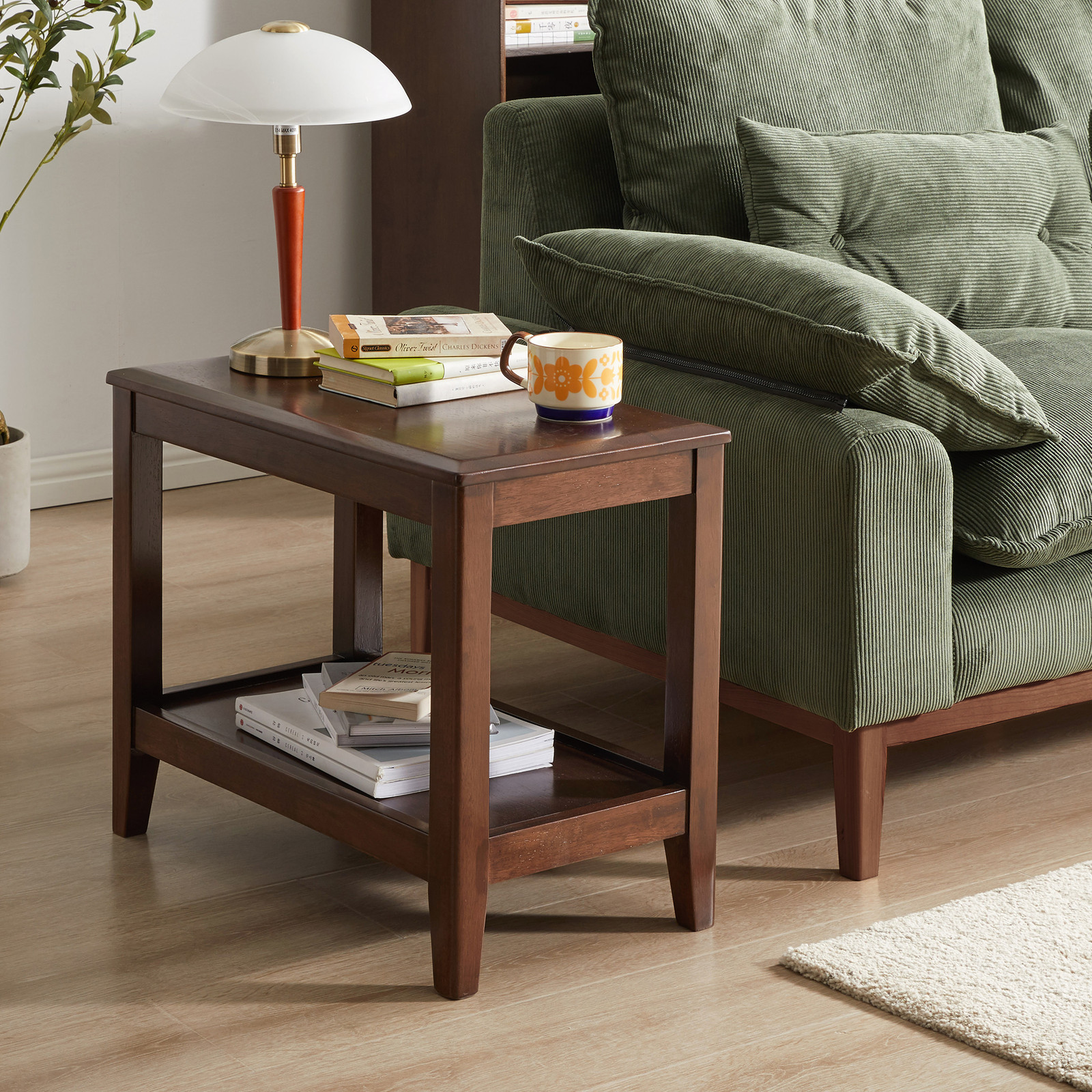 2-Tier Sofa Table End Table Shelf for Living Room Rubber Wood Indoor Plant Stand