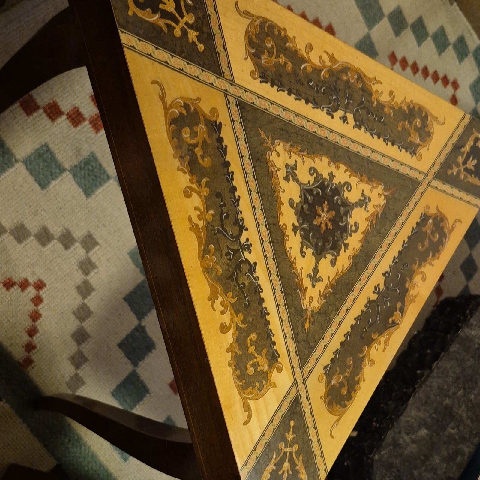 Triangular Wood End & Side Table Geometric Inlay Top Dark Wood Legs