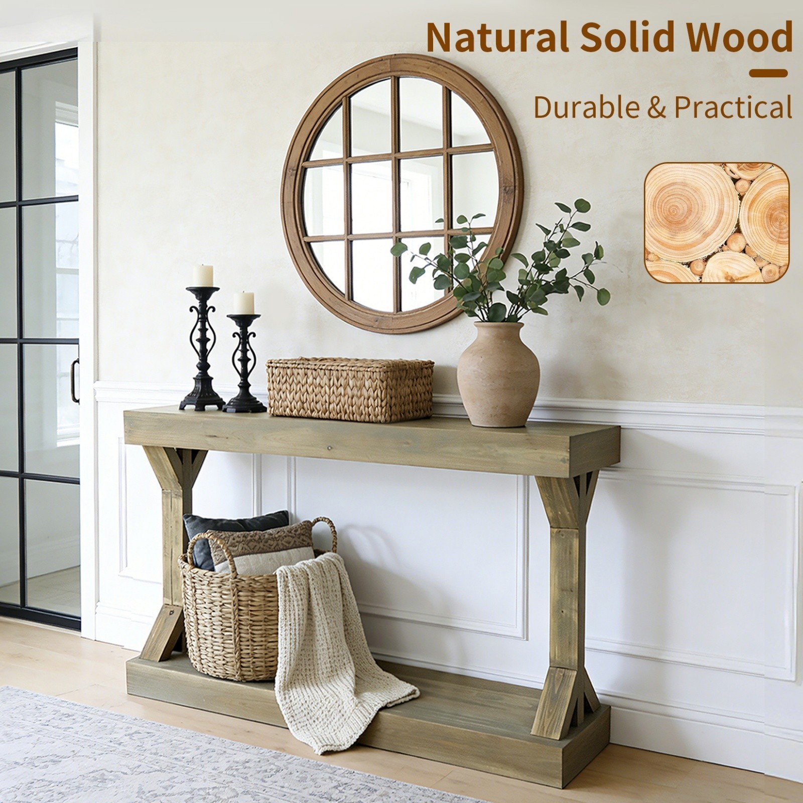 47.2” Solid Wood Console Table | Rustic Farmhouse Entryway Sofa Table with Shelf
