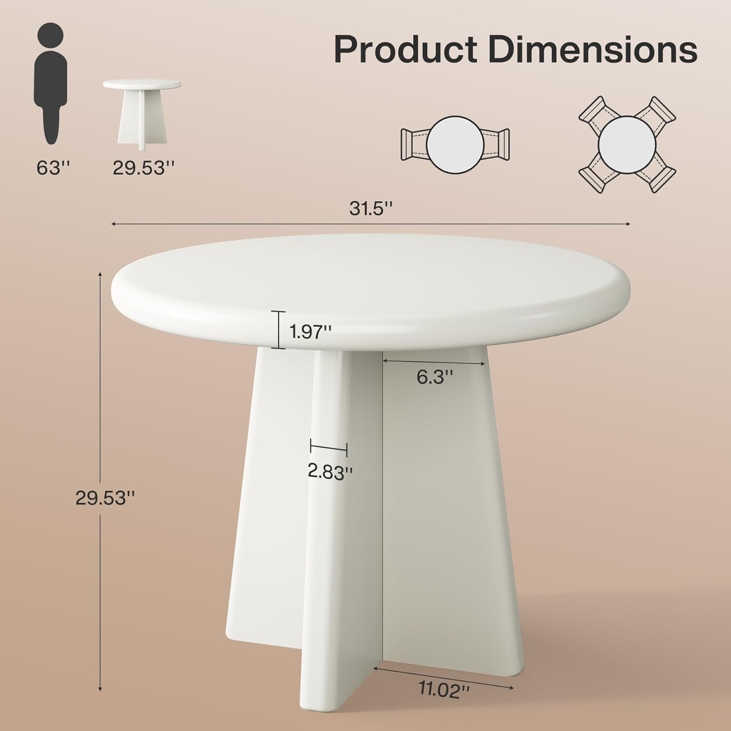 Round Dining Table for 2-4, 31.5” Modern Small Kitchen Table with Sturdy Base