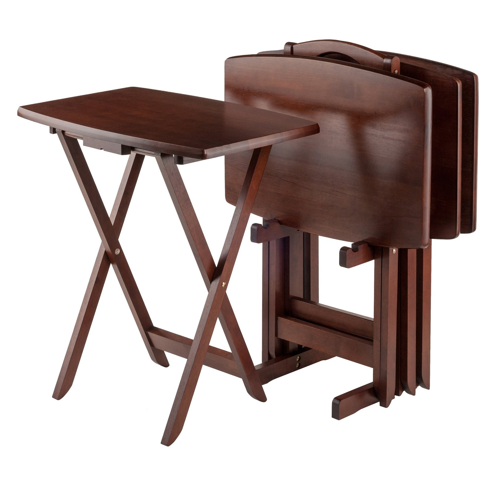 Darryl Set of 4 Oversized Foldable Snack Tables with Storage Rack, 26″ in Wal…