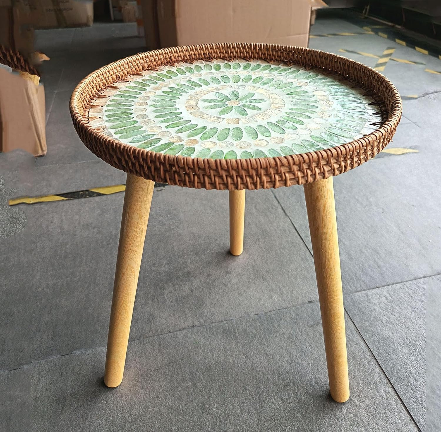 Stylish Rattan Round Side Table with Mother of Pearl Inlay – Green Accent Table