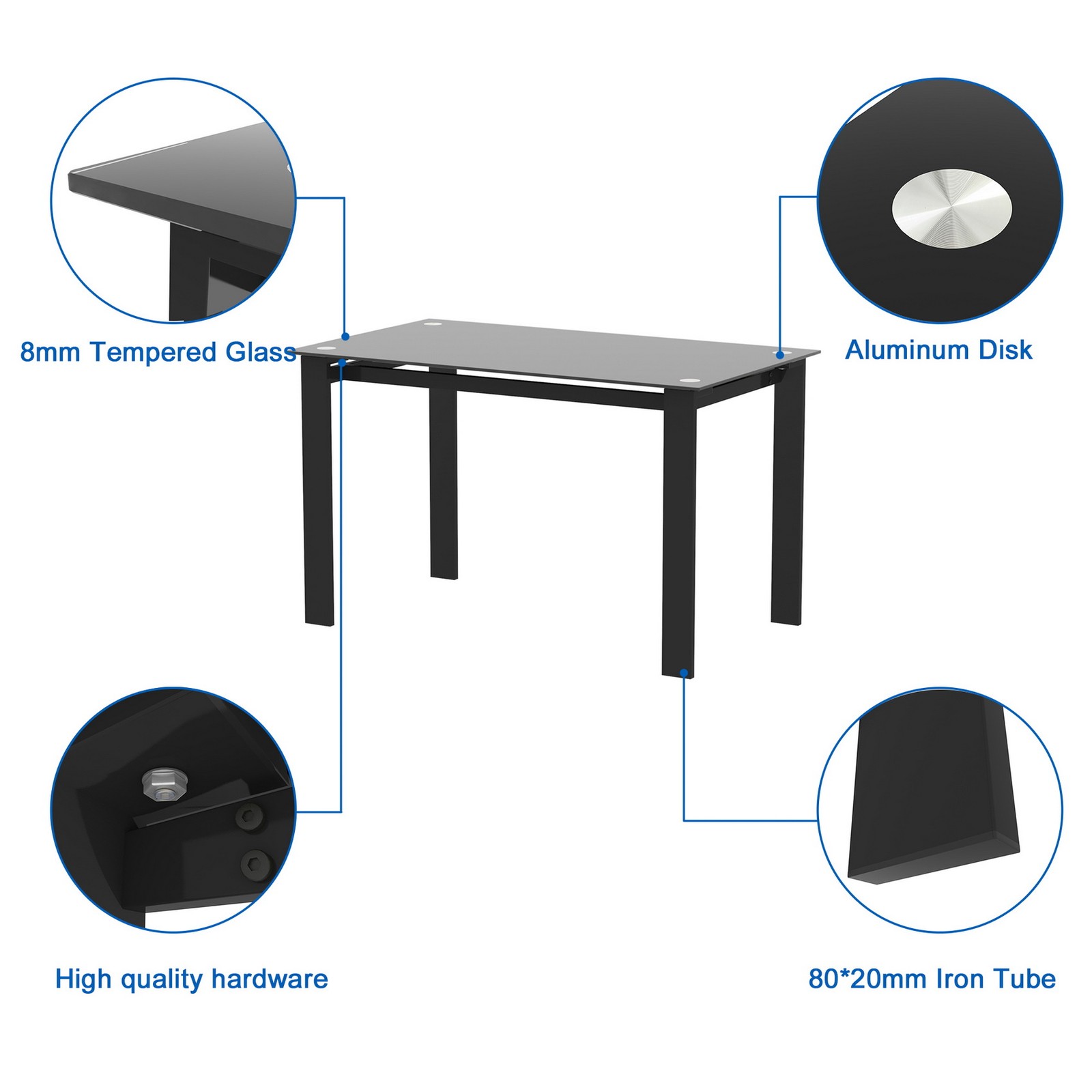 Black Tempered Glass Rectangle Dining Table Steel Legs Living Room Kitchen Table