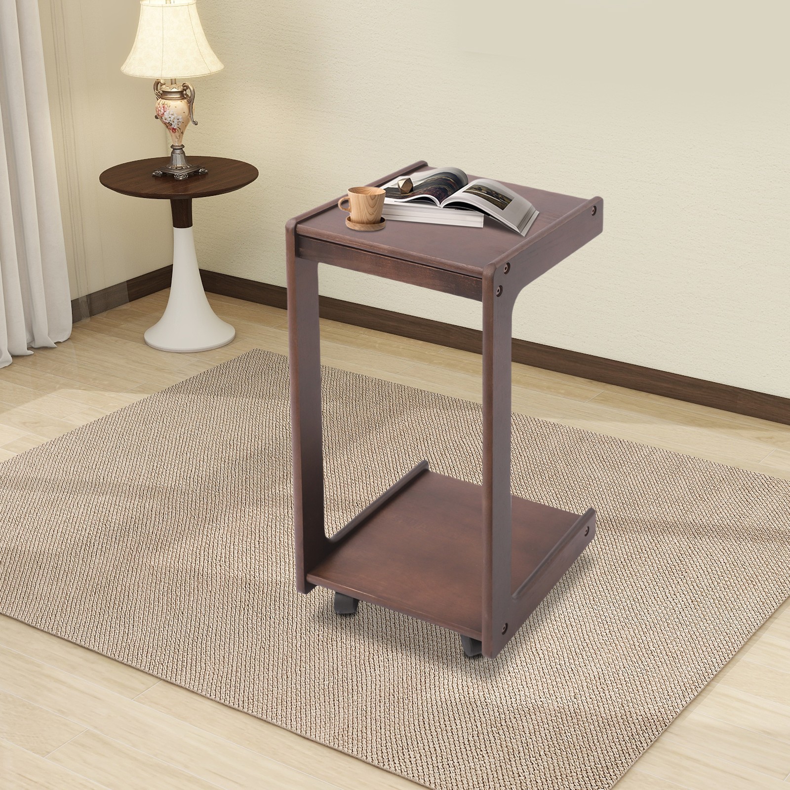 2-tierd Solid Wood Bedside C-shaped Side Table W/ Drawer & Lockable Wheels