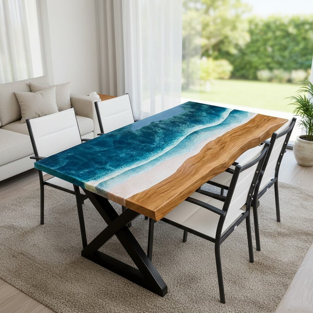 Live Edge Ocean Resin River Table – Solid Hardwood – Modern Home Furniture