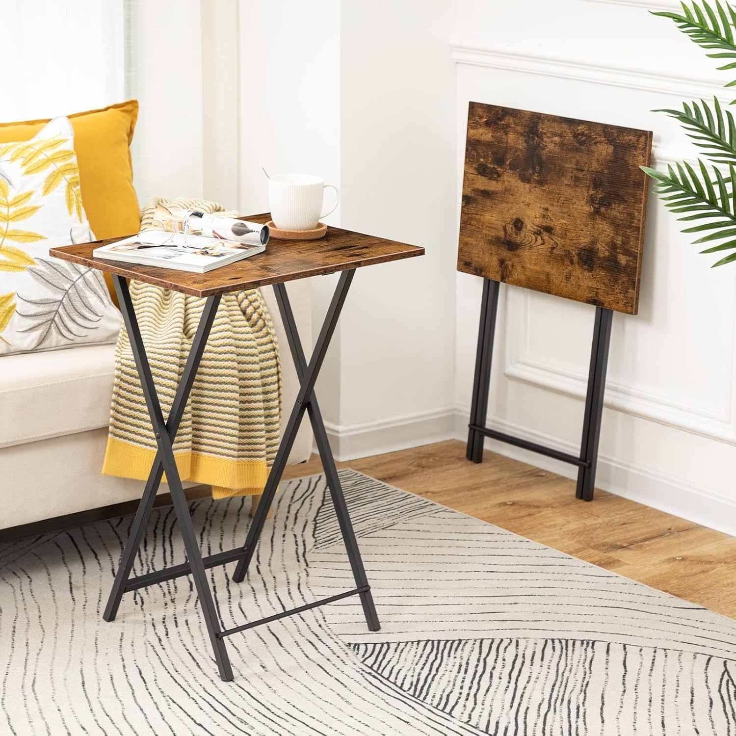 Rustic Brown & Black Folding TV Table – Stylish Snack Companion for Small Spaces
