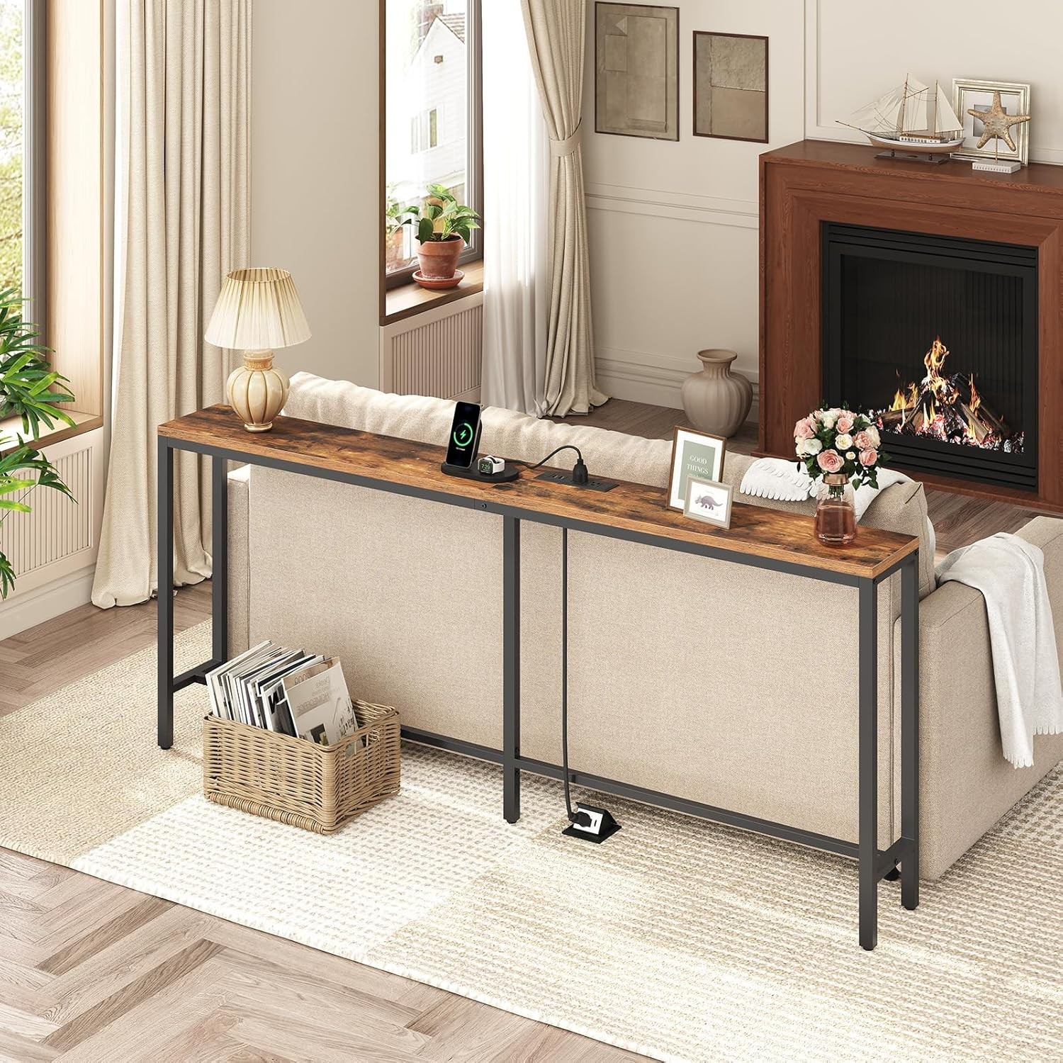 70.9” Narrow Console Table with Power Outlet and Charging Station for Living