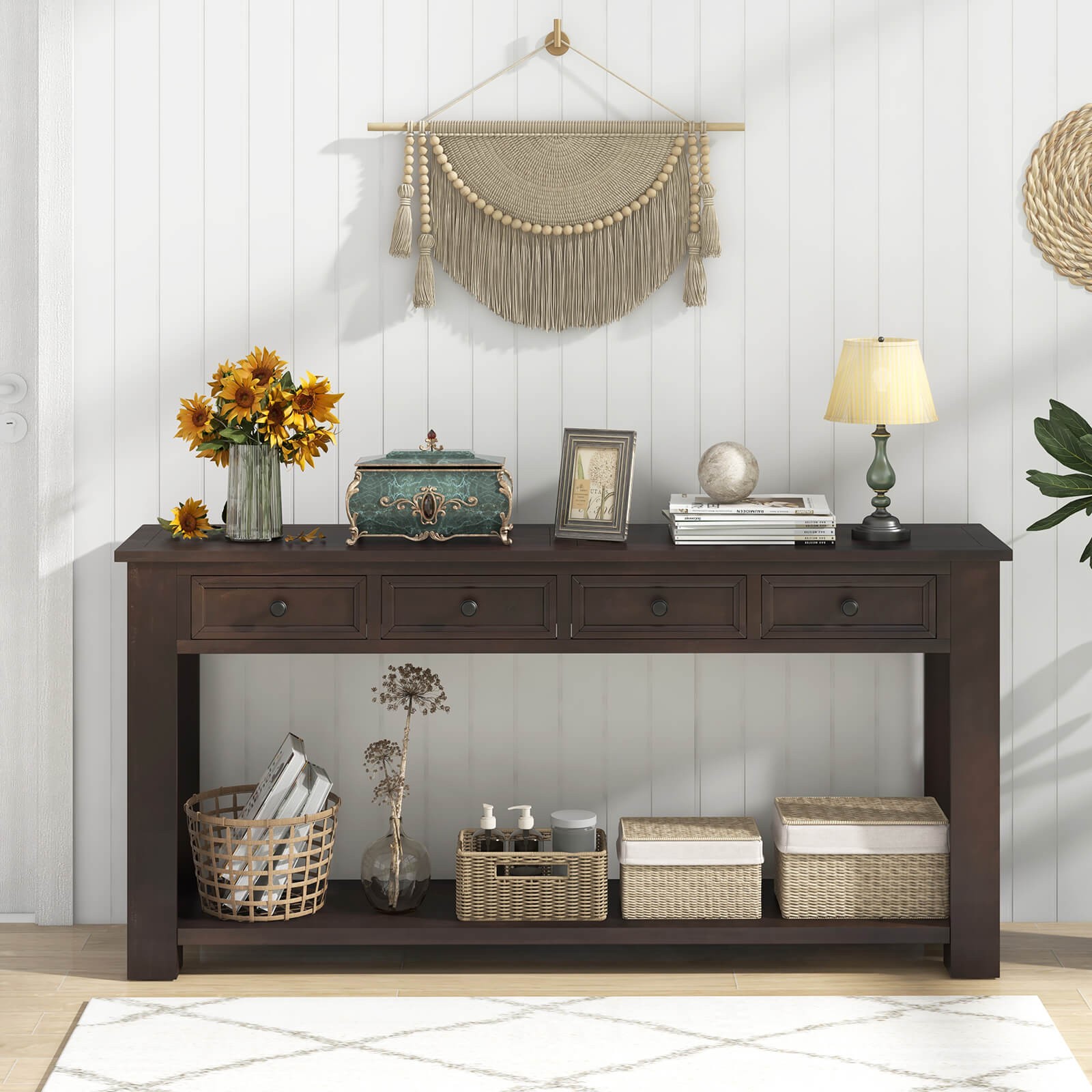 63″ Farmhouse Entryway Table with 4 Storage Drawers and Open Shelf Espresso