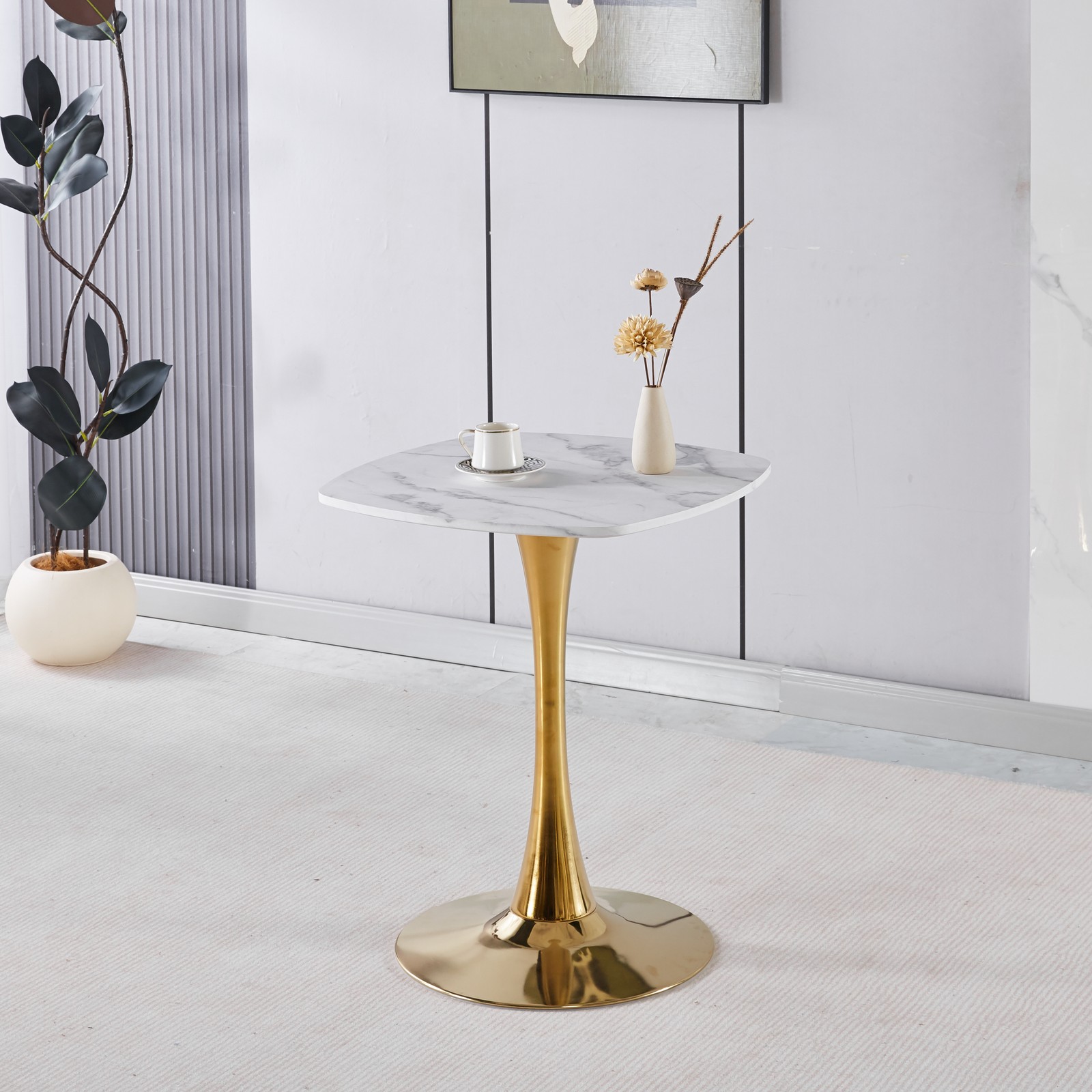 23.6in Square Dining Table, White & Gold Modern Design, Multi-Use Easy Assembly
