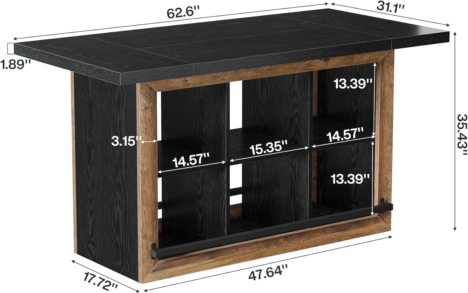 62.6” Rectangular Bar Table Large Home Bar Cabinet Unit with 6 Spacious Cubbies