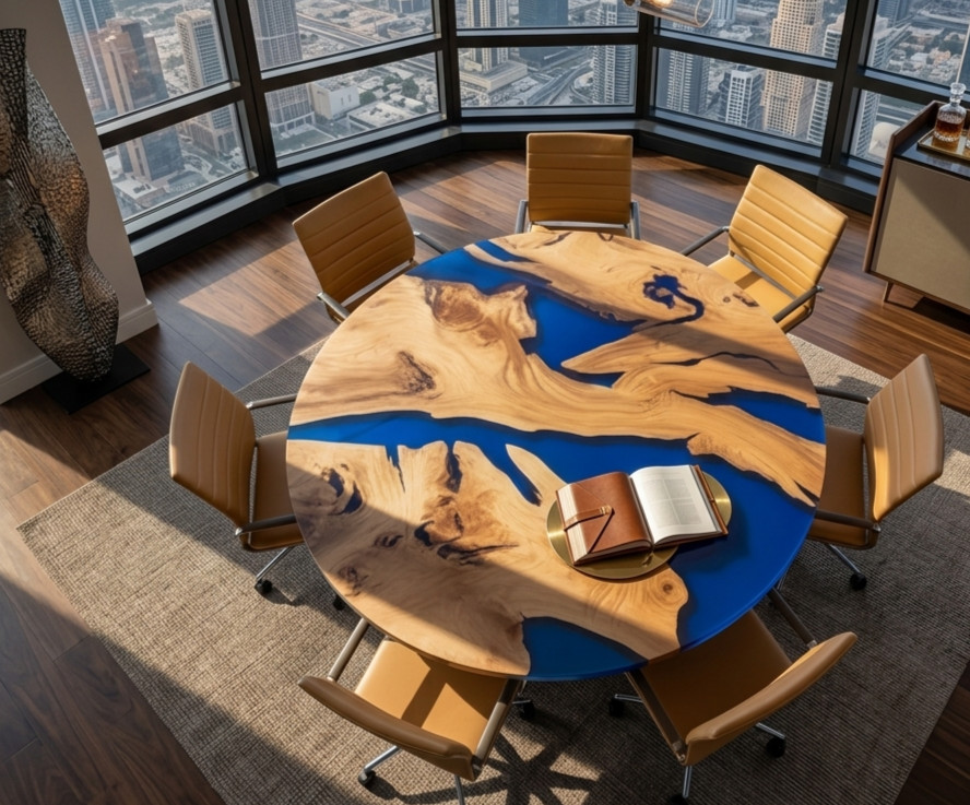 18″ Handmade Live Edge Round Dining Table Blue Ocean Epoxy Resin Room Decor