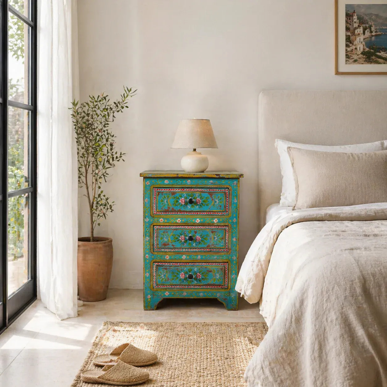 Artisan Handmade Bedside Table Solid Wood Hand Painted 20.1 × 15.7 × 27.6 inches