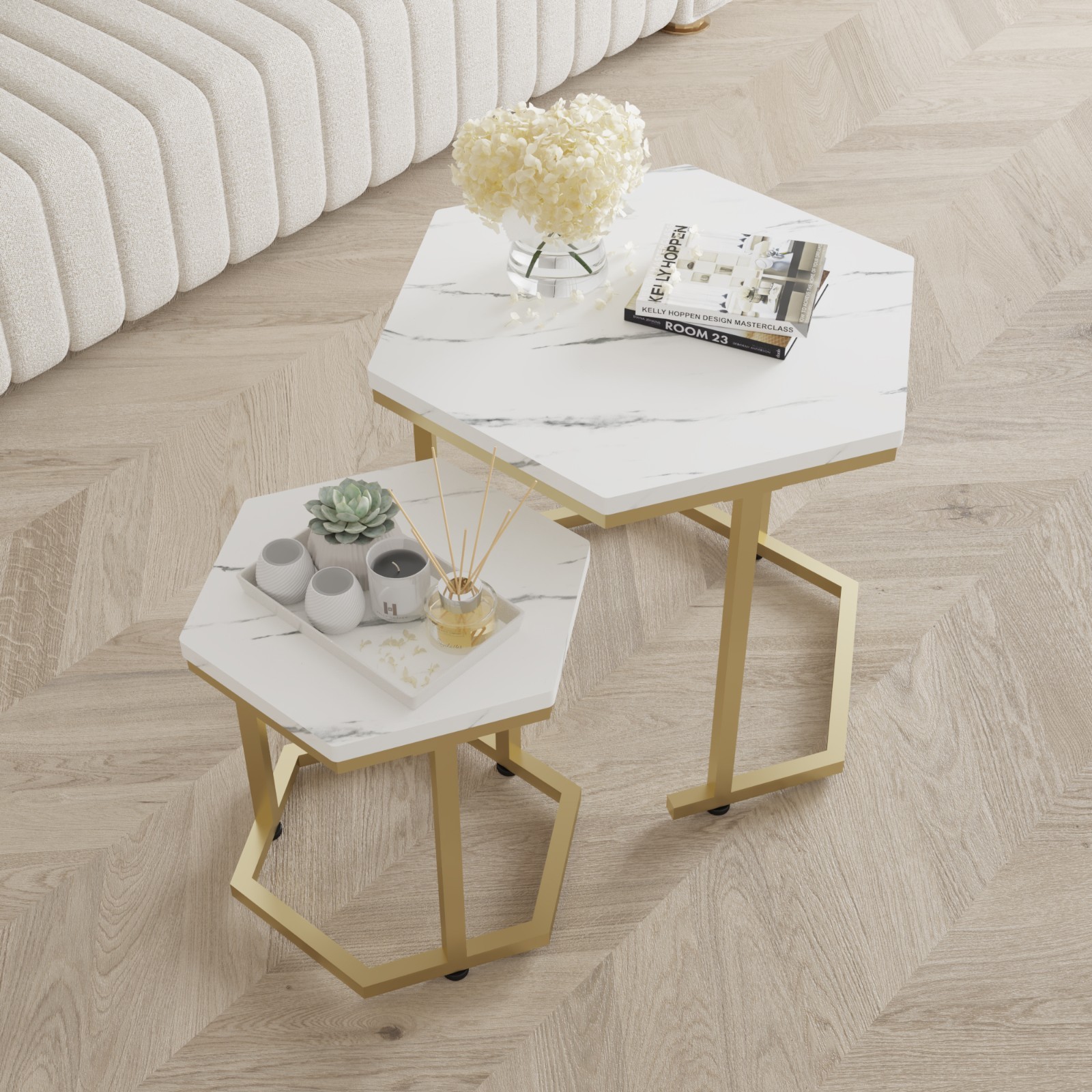 2pcs MDF Side End Table Nested Table Metal Frame Coffee Table Nightstands White