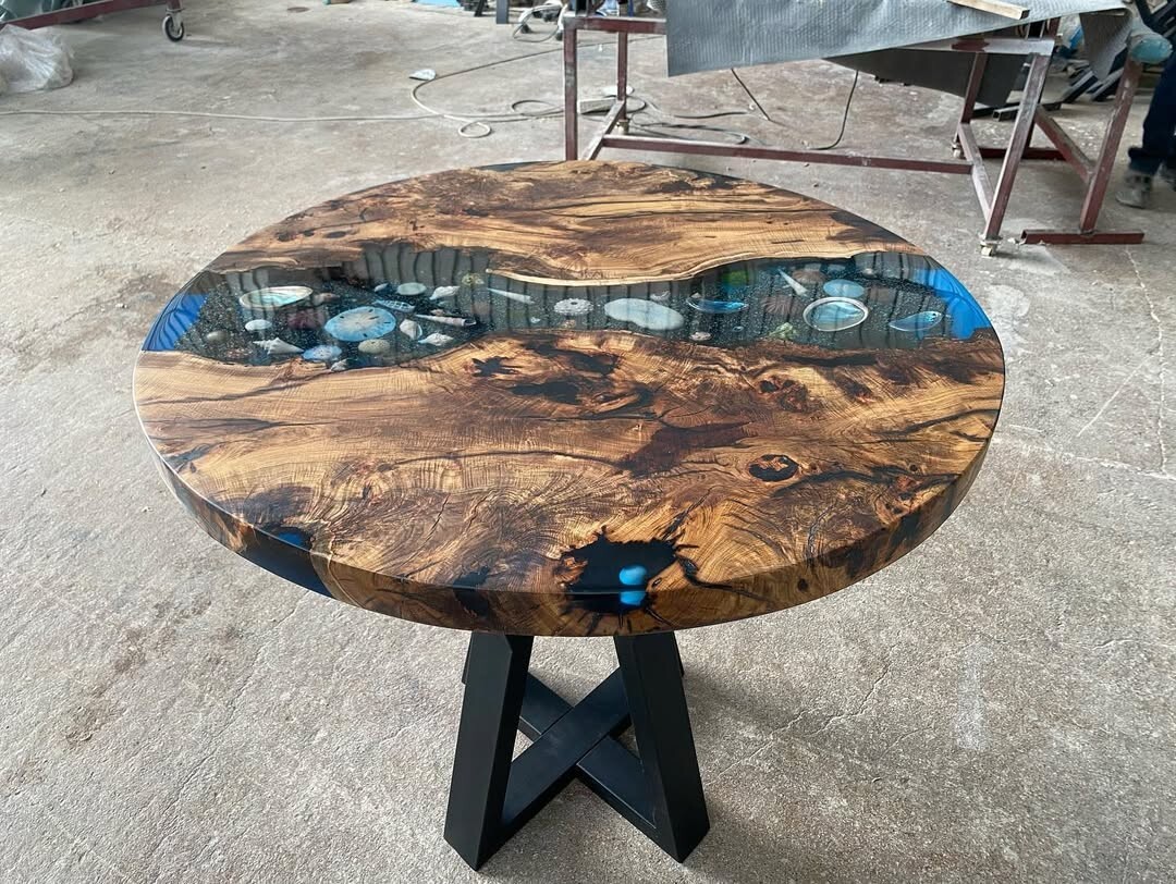 Round Blue Epoxy Resin Tabletop | Ocean Wave Design | Handmade Coastal Furniture