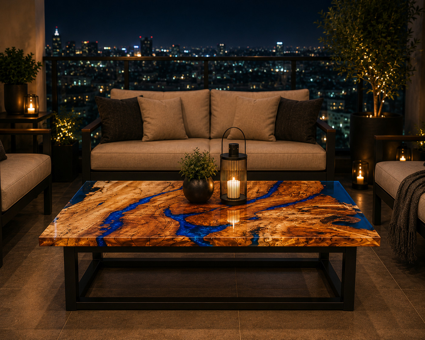 Blue Epoxy River Coffee Table, Live Edge Wood Coffee Table