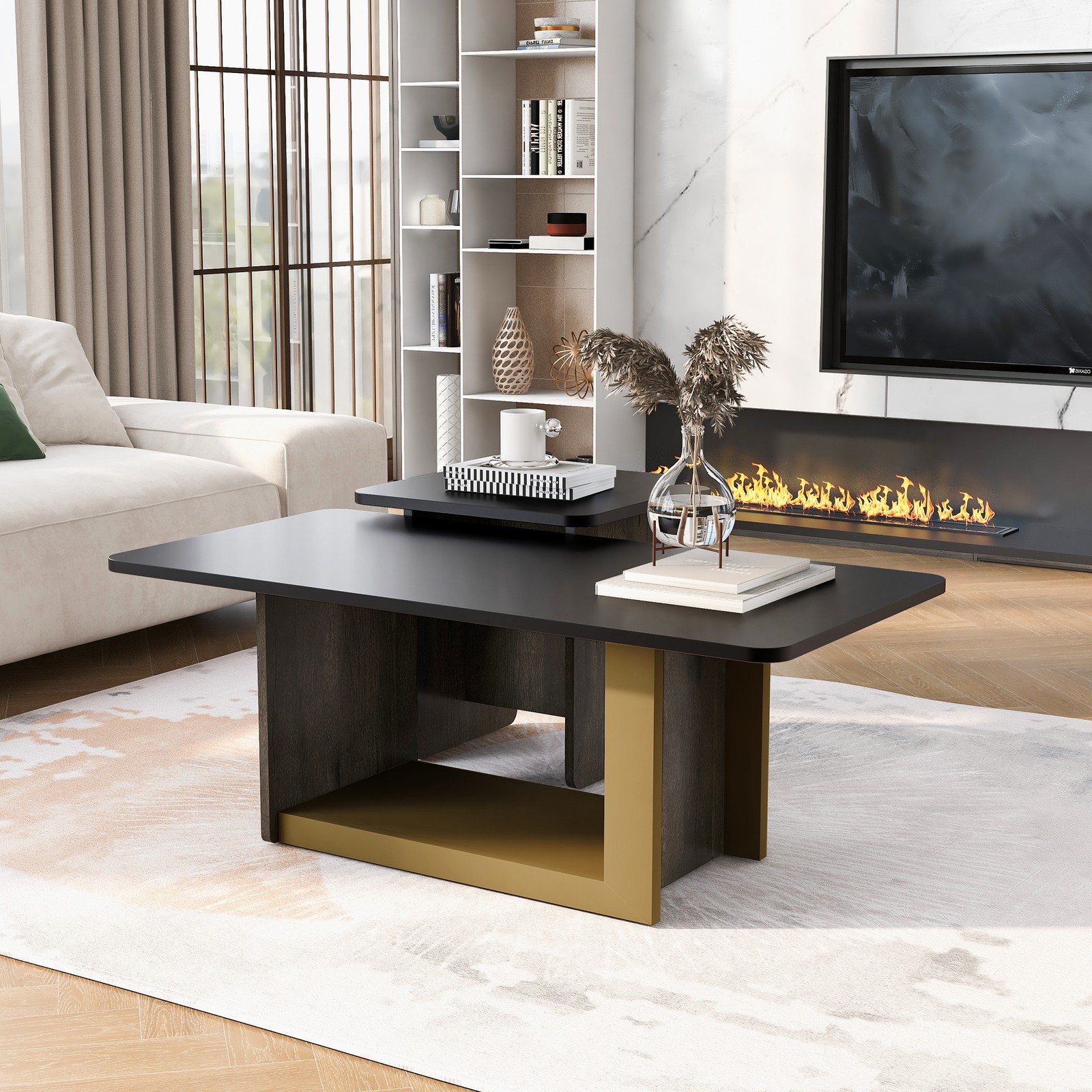 Modern Light Luxury Coffee Table Set of 2, Square MDF & Metal, Black