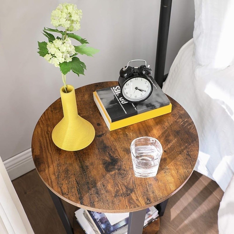 Round Side Table W/ Storage Shelf Industrial Style Living Room Accent Table New