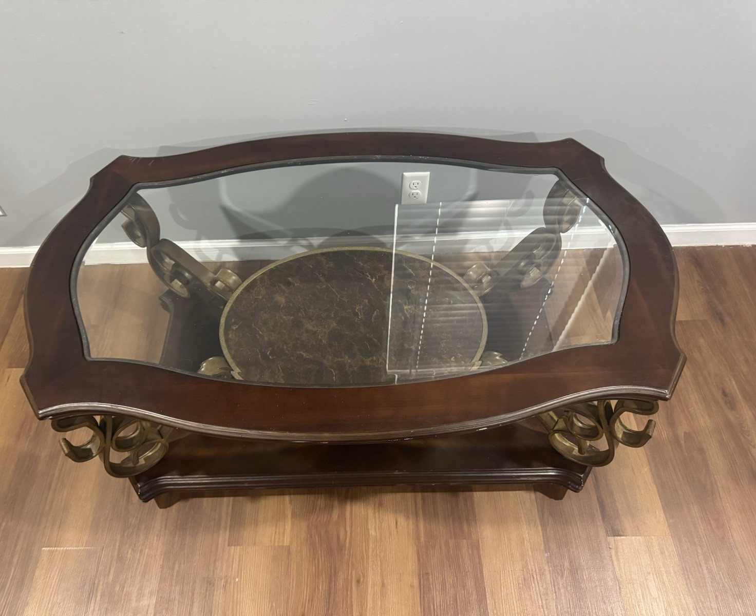 Oval Glass Top Coffee Table Dark Wood, Metal Scroll Base, Storage Shelf