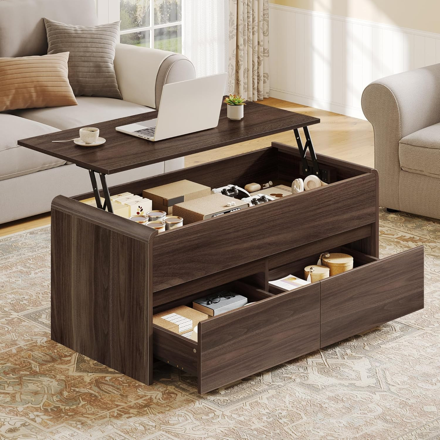 Lift Top Coffee Table with Storage Drawers – Walnut, 39In for Small Spaces
