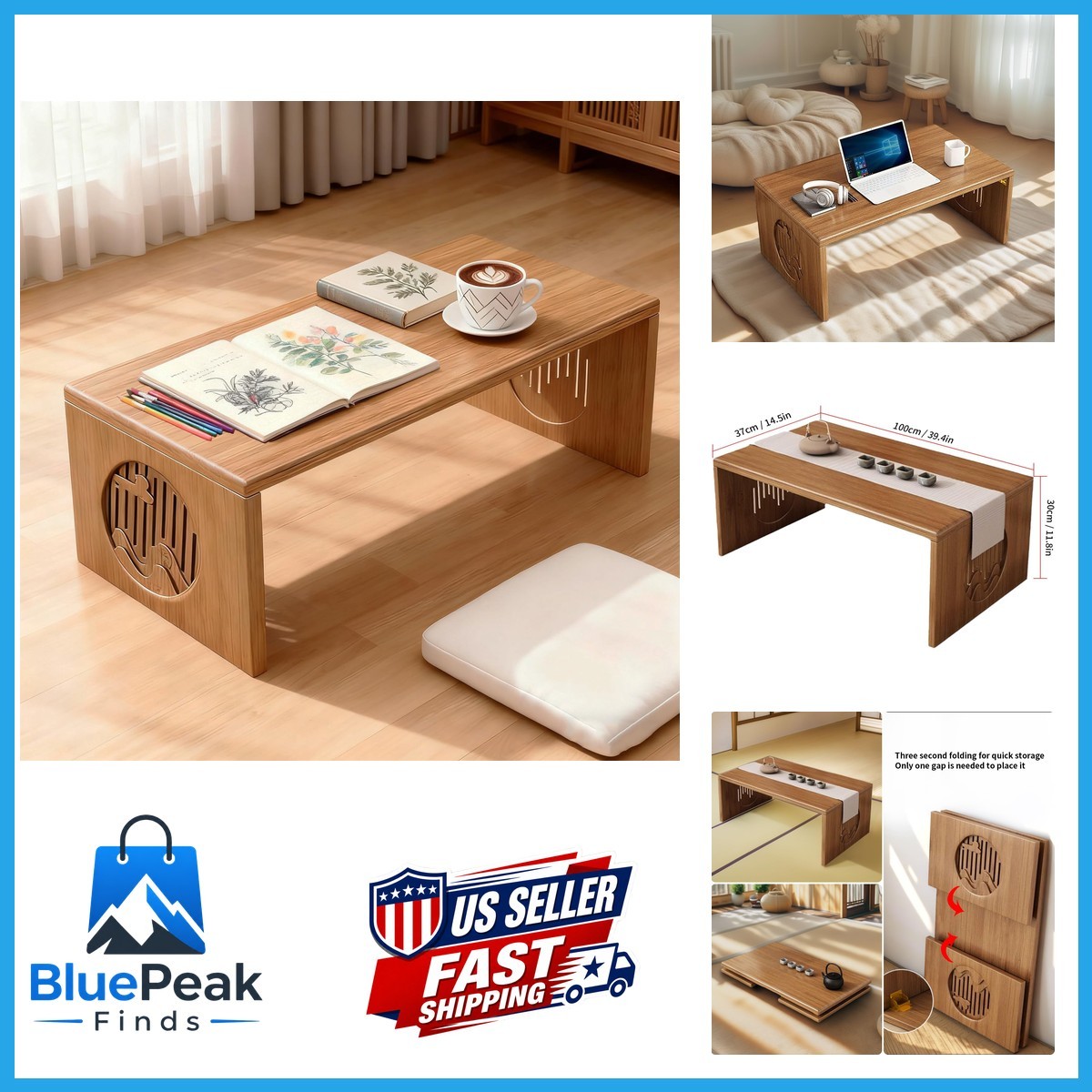 teyeard Folding Floor Coffee Table Bamboo 39.4 Inch