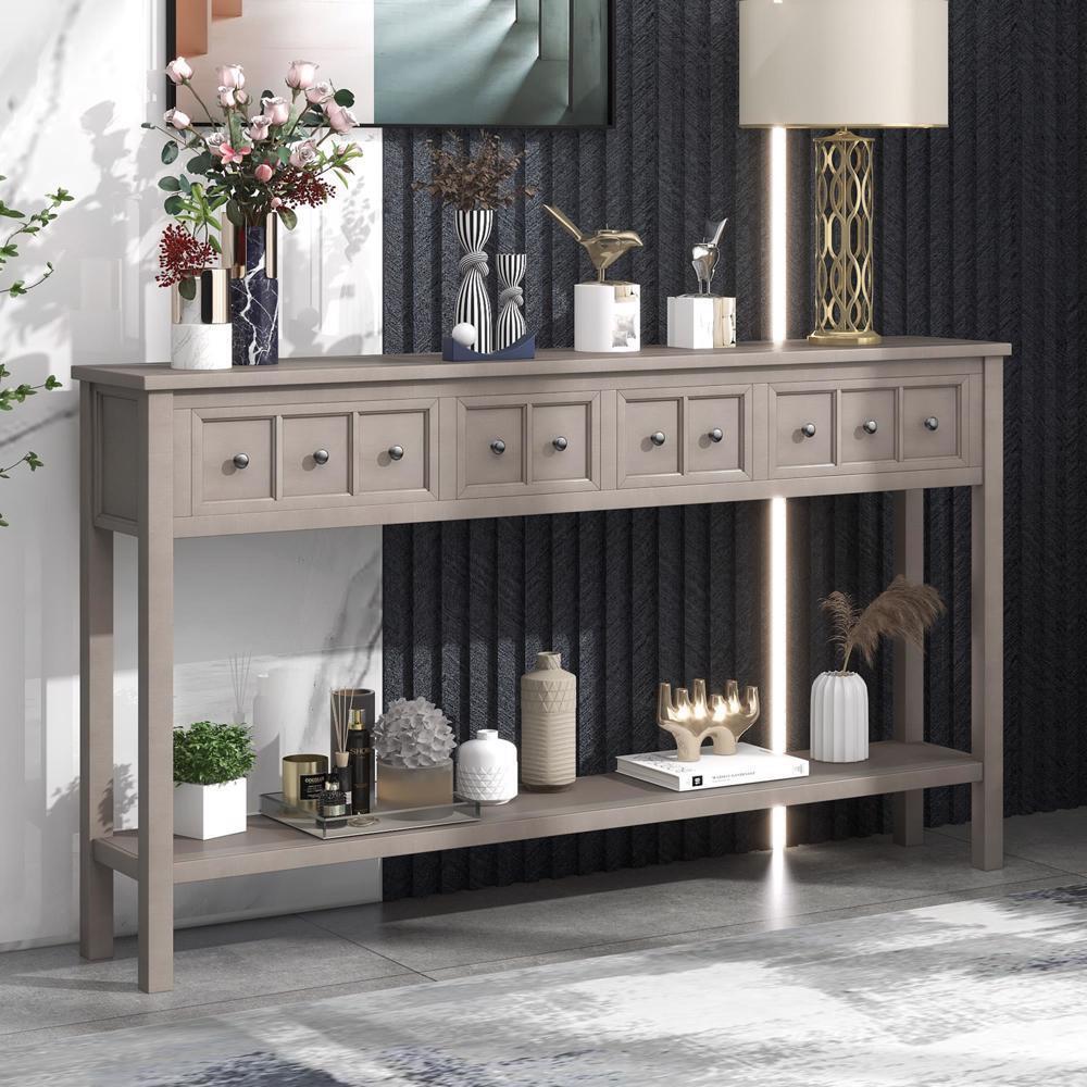 Narrow Long Entryway Table Sofa Table with 4 Drawers and Bottom Shelf Gray Wash