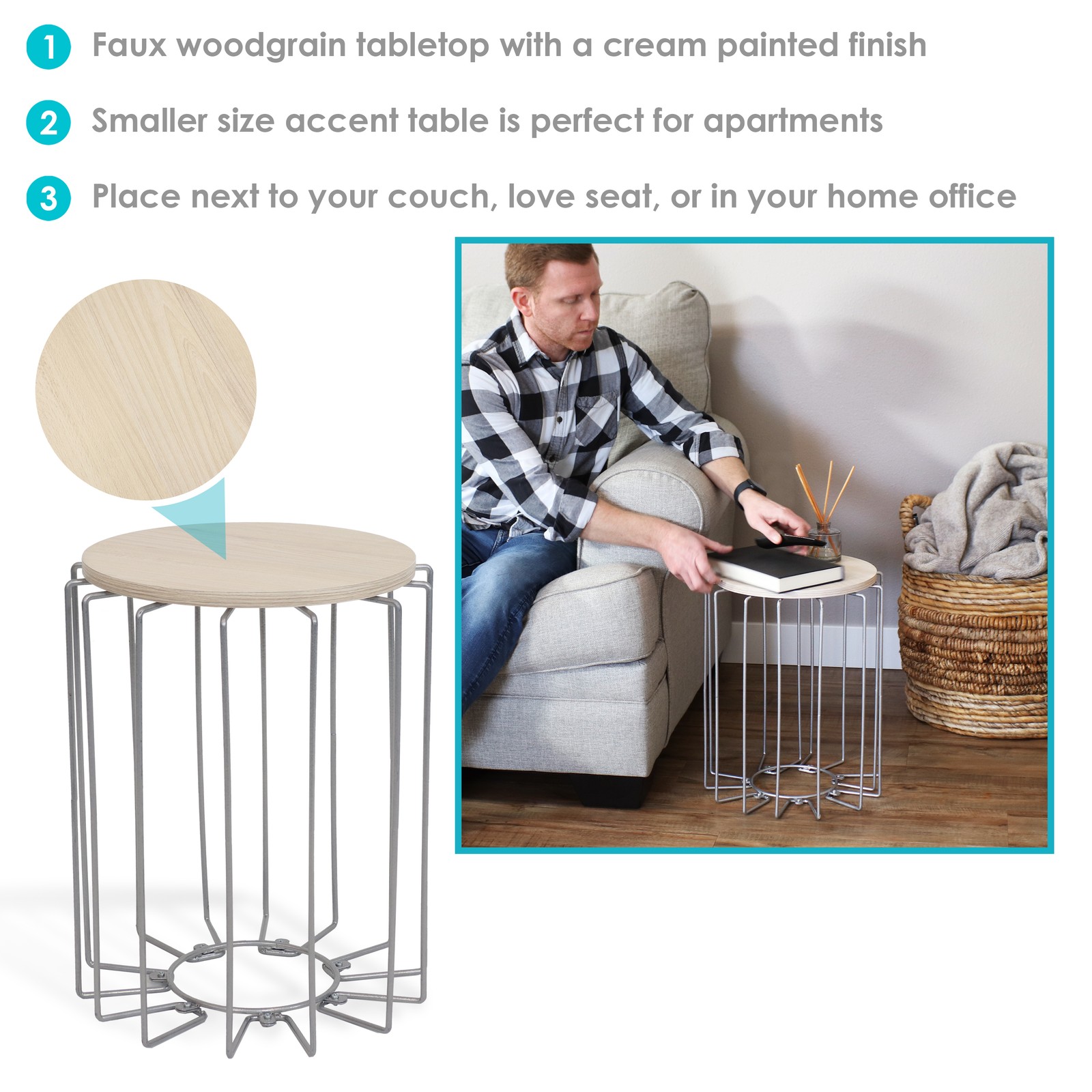 Steel Wire End Table with Faux Woodgrain Tabletop – Cream by Sunnydaze
