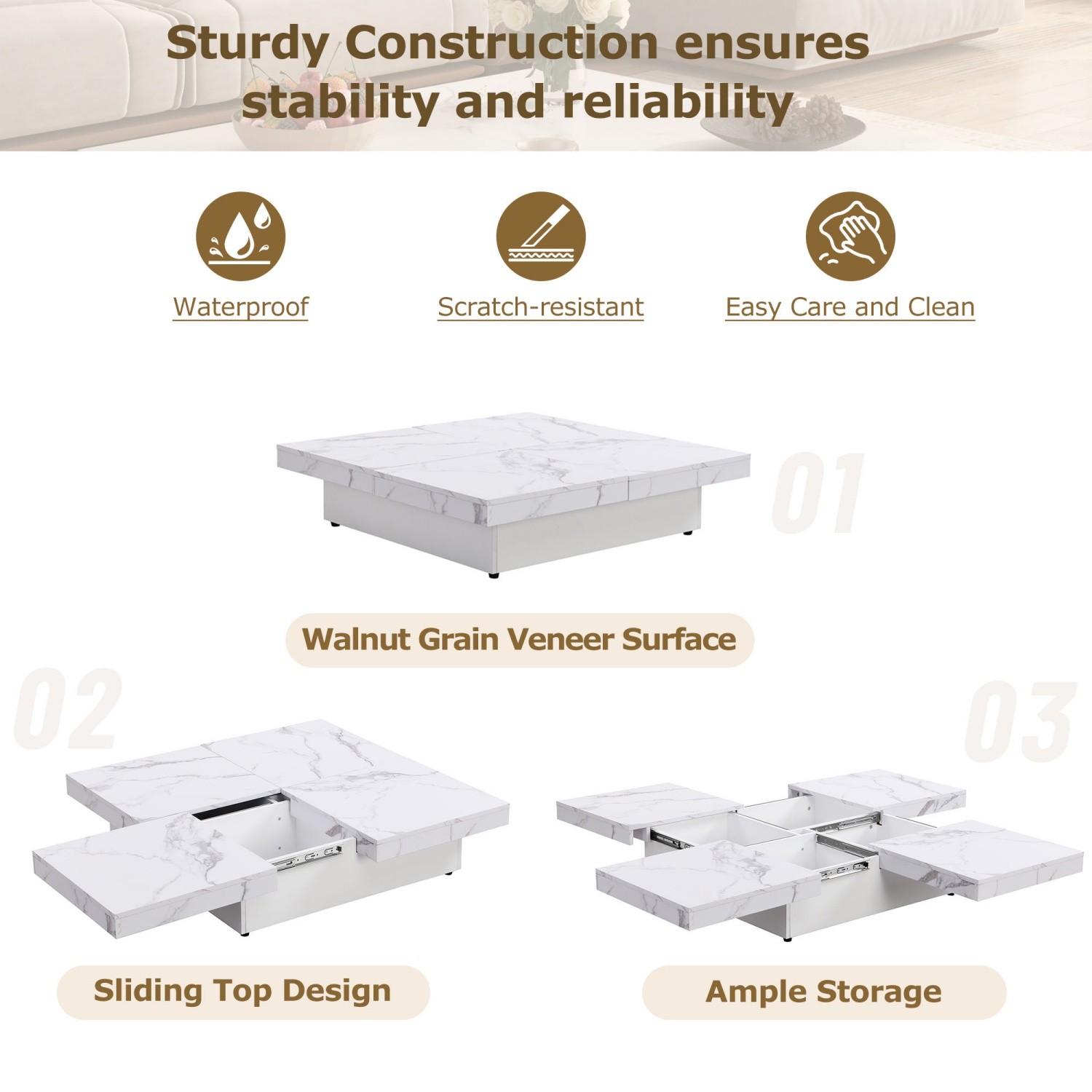 Modern Square Cocktail Coffee Table w/ White Marble Sliding Top & Hidden Storage