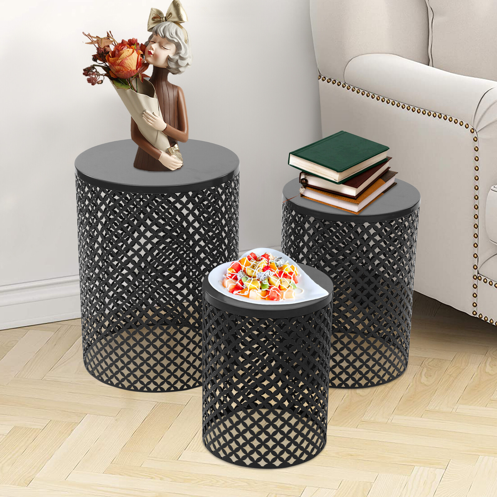 3PCS Black Outdoor Side Table, Metal Frame Accent Table, Modern End Table