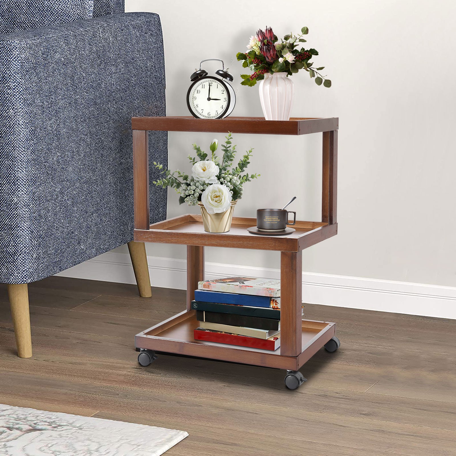 3-Tier Dark Brown Wood Nightstand End Table for Small Spaces with Open Storage