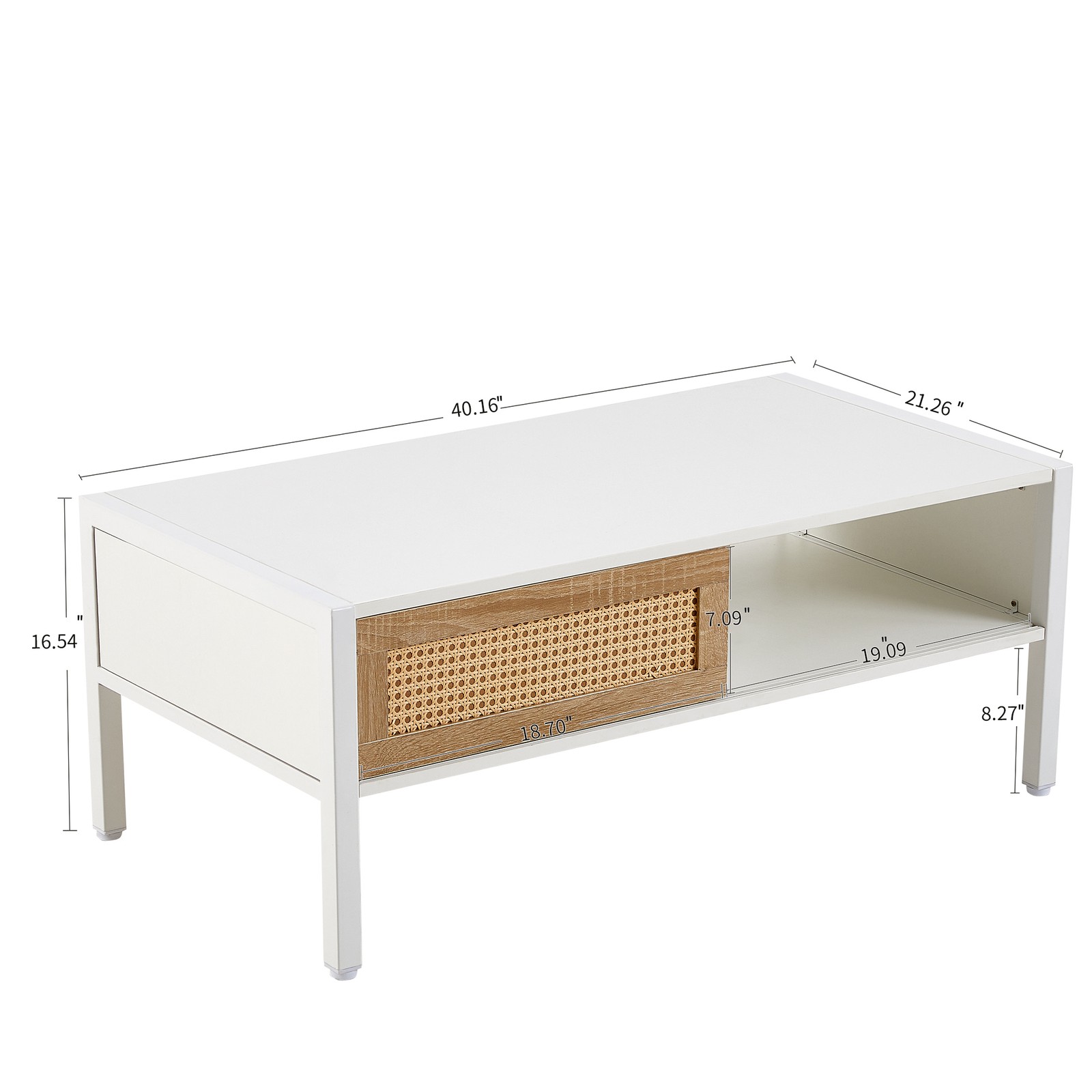 Rattan Wood Coffee Table Sliding Door Storage Center Table Metal Leg Modern New