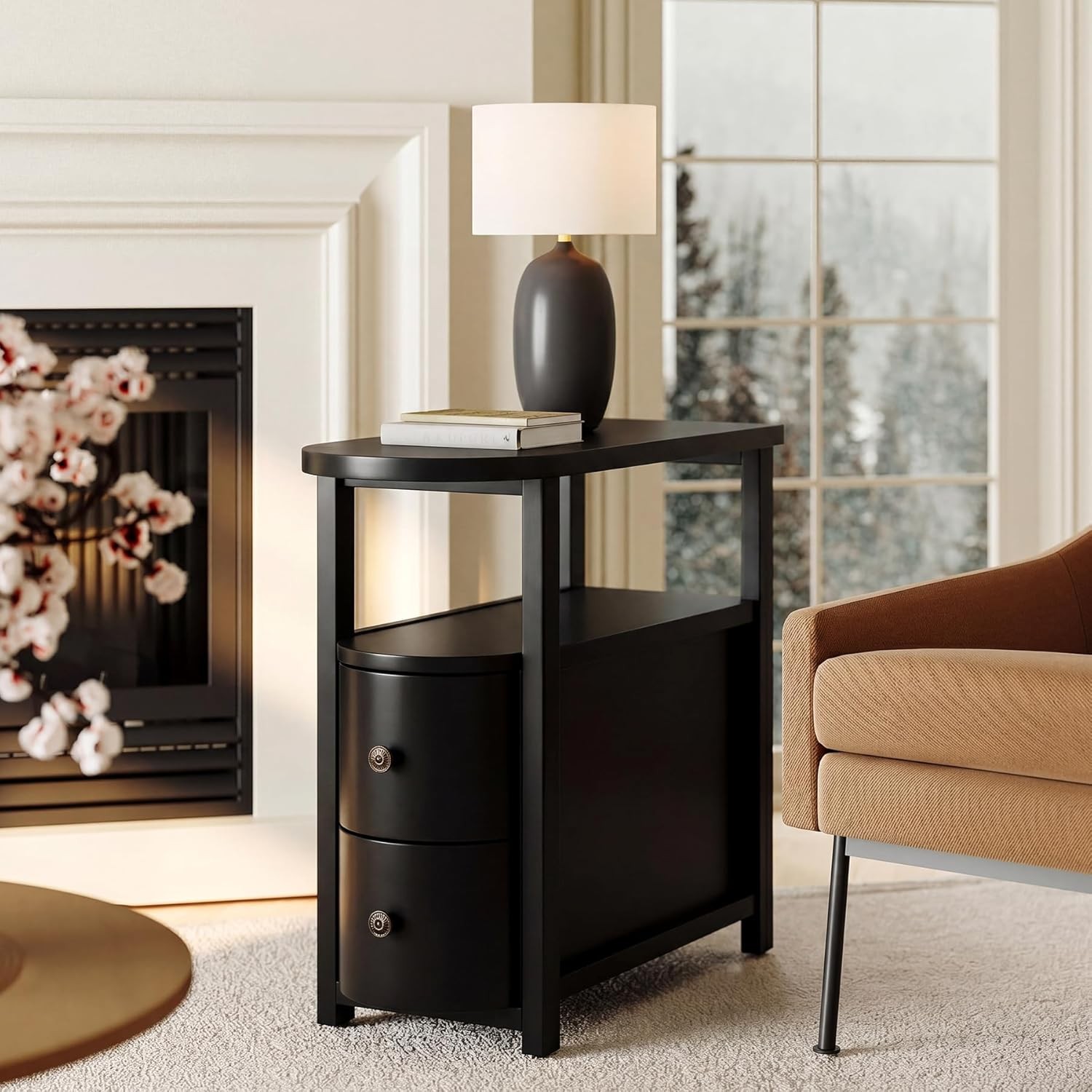 Solid Wood End Table with 2 Drawers&Open Shelf, No Assembly Required Side Table