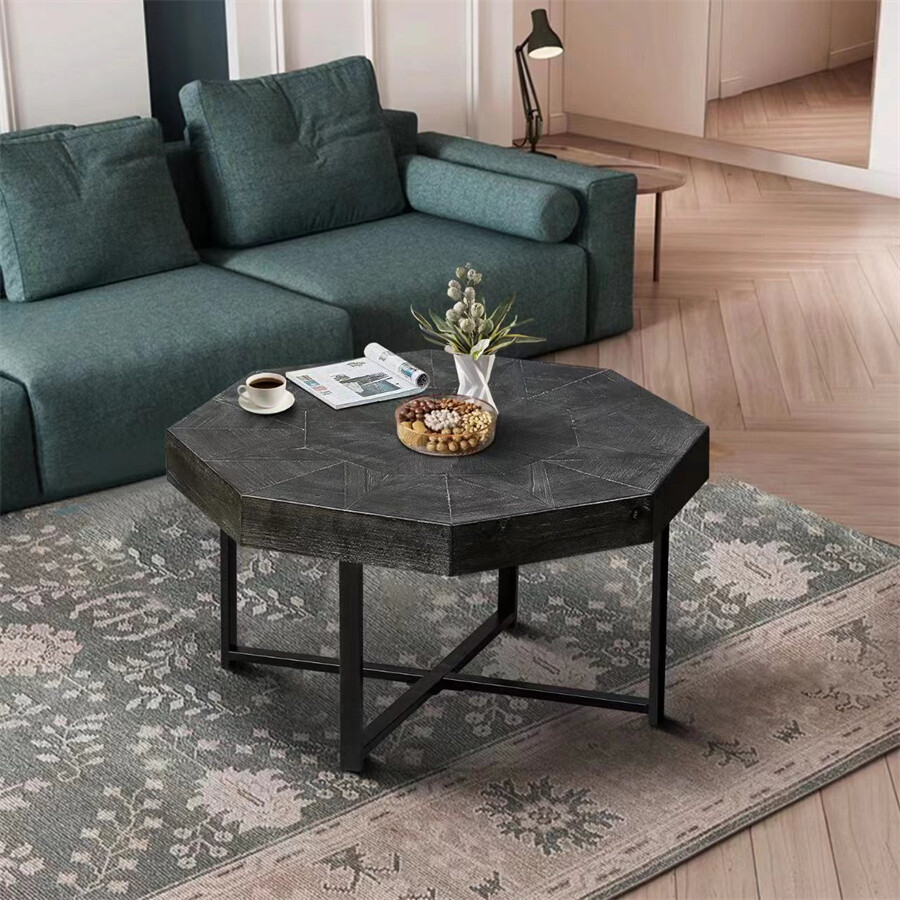 Wood Octagonal Patchwork Craft Farmhouse Wooden Table Metal Legs Coffee Table