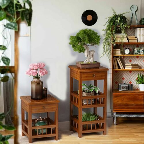 Rustic Side End Table Night Stand with Shelves & Drawer for Bedroom Living Room