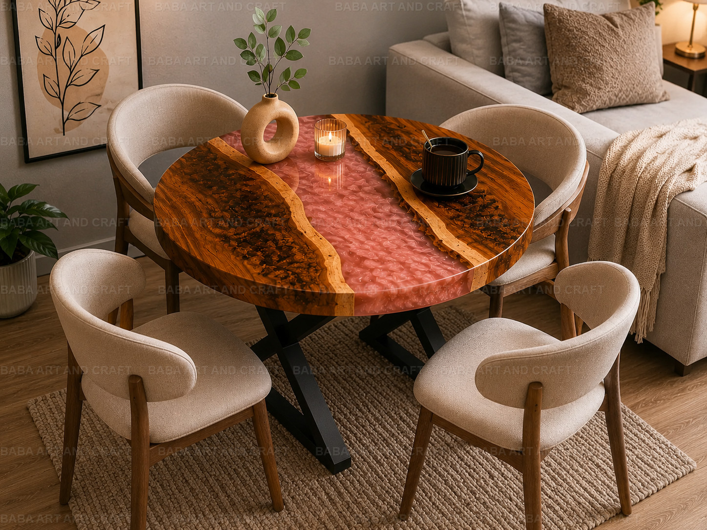 Handmade Live Edge Olive Wood Pink Epoxy River Round Dining Table Top | 24X24