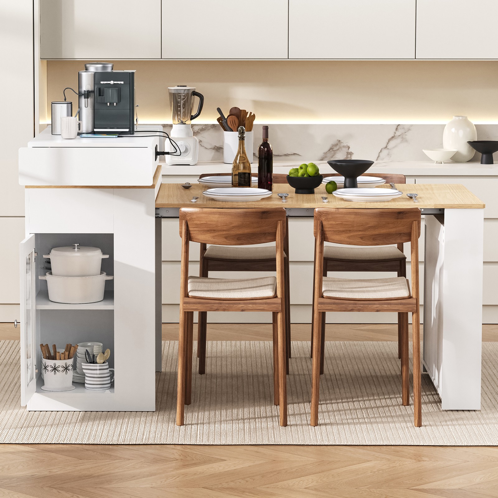 Extendable Dining Table with Folding Top, Drawers & Power Outlet