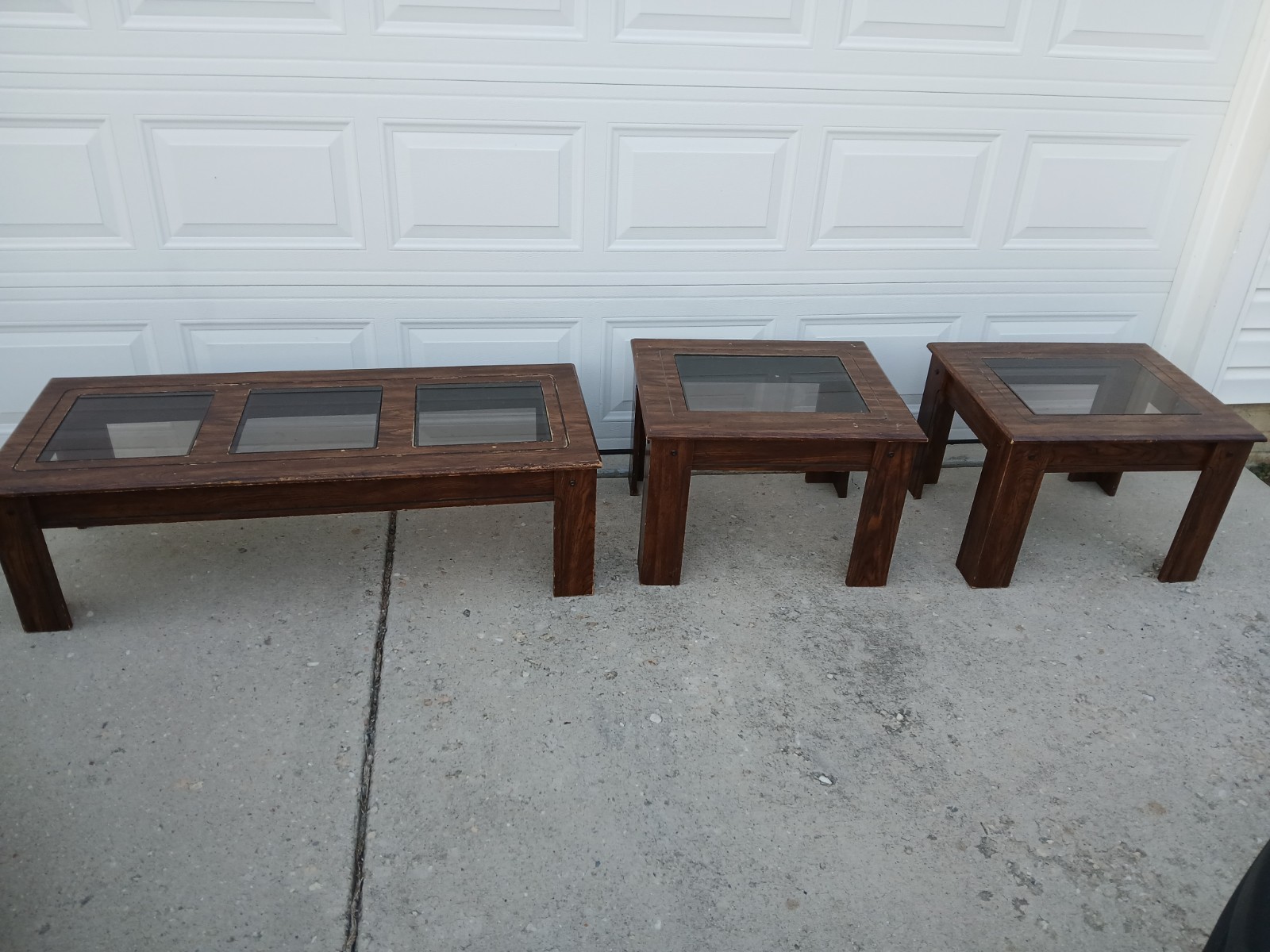 3-Piece Oak & Glass Living Room Table Set – Coffee + 2 End Tables
