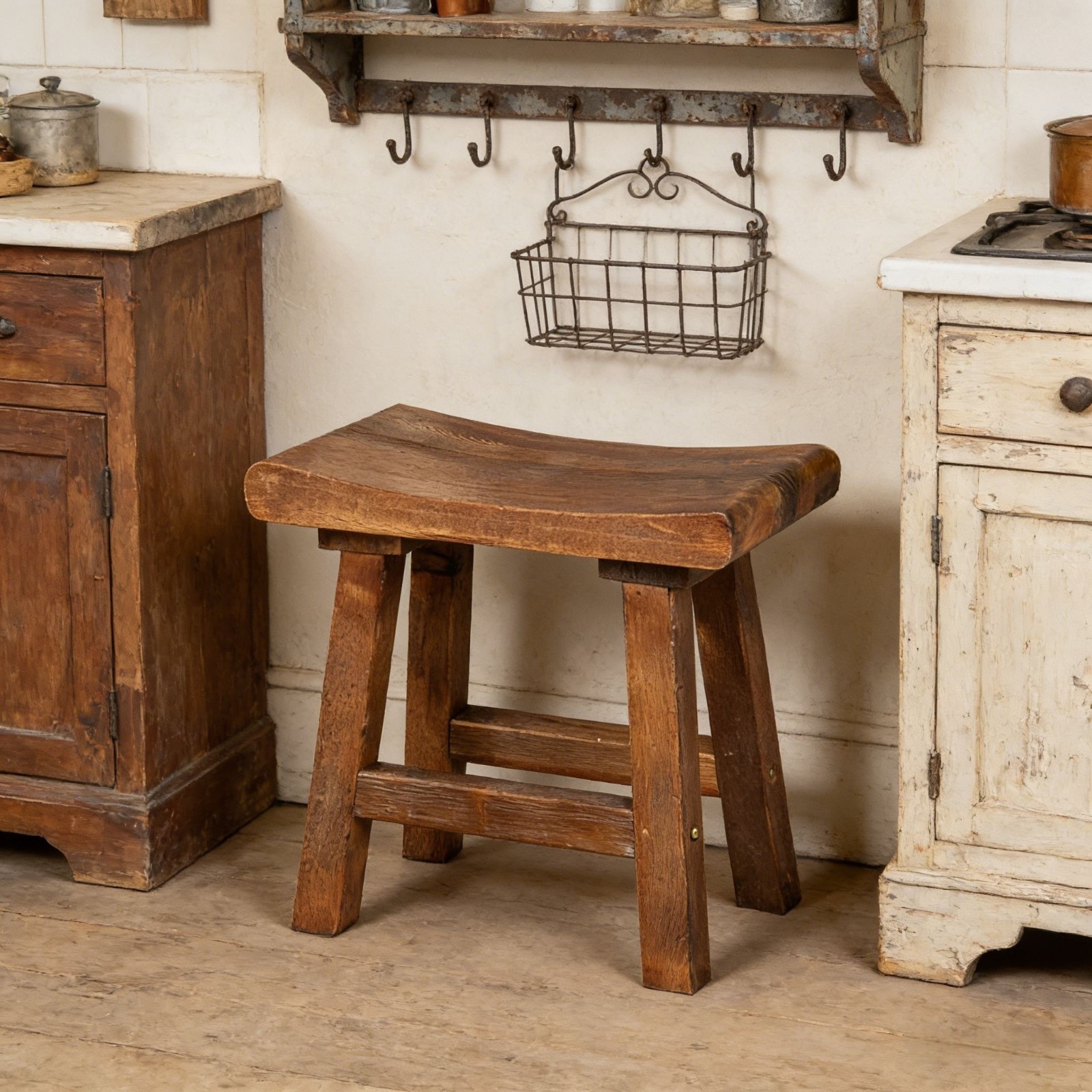 Rustic Old Pine Wooden Stool Bench Side Table Farmhouse Bedside Table 18.5″ H