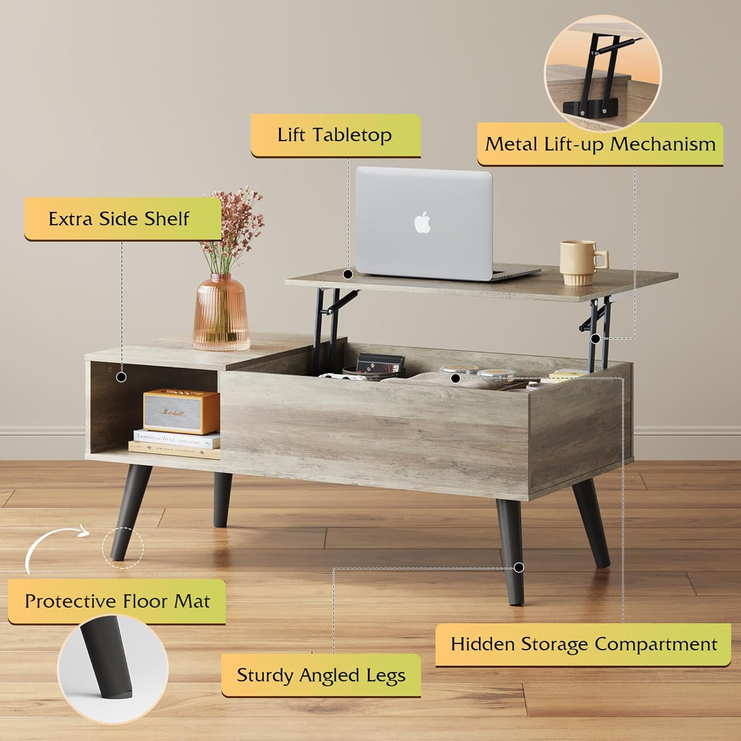 Lift Top Coffee Table with Storage – 39″ Greige Wooden Center Table