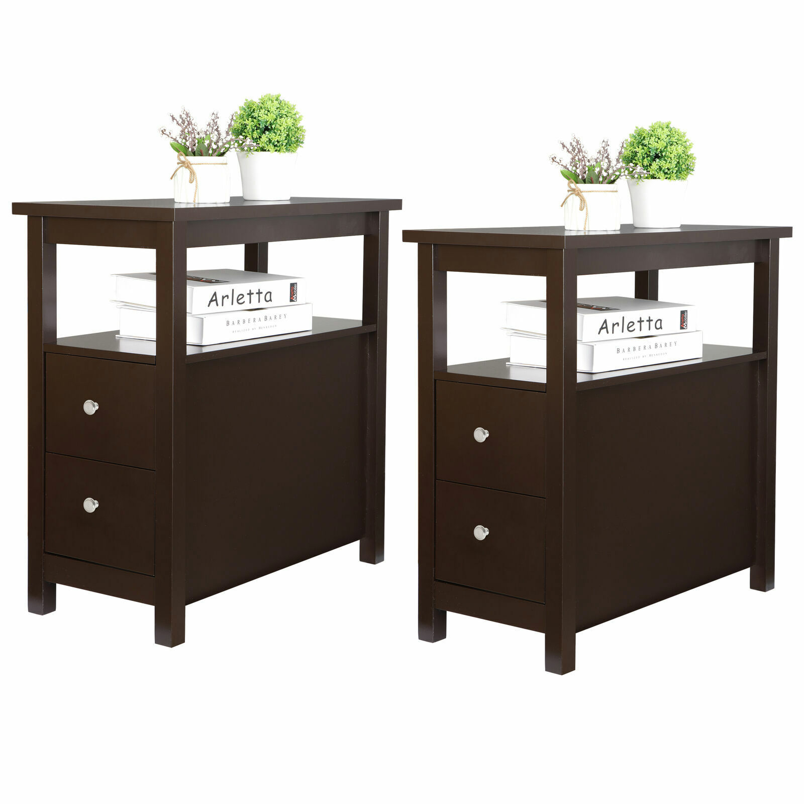 Double End Table with 2 Drawer and Storage Shelf Narrow X-Design Home Decor