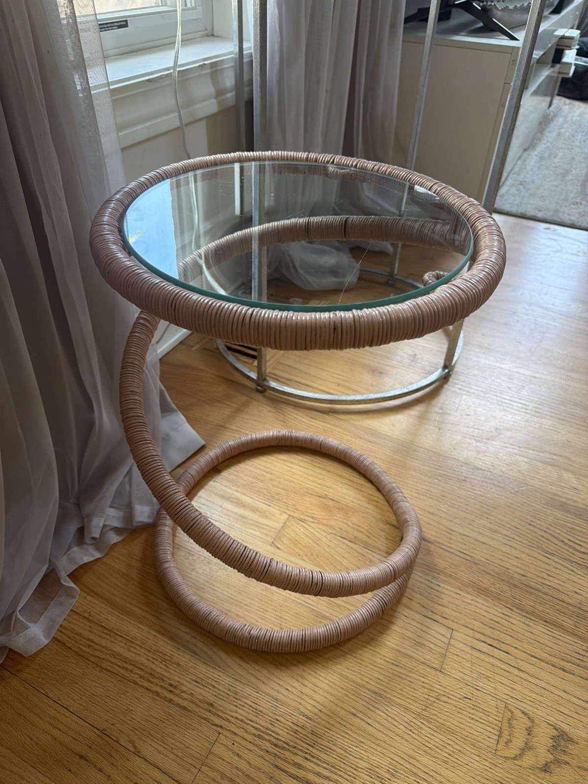 Vintage Rattan Side Tables 1970 Mid Century Modern, Wrapped Bent Steel
