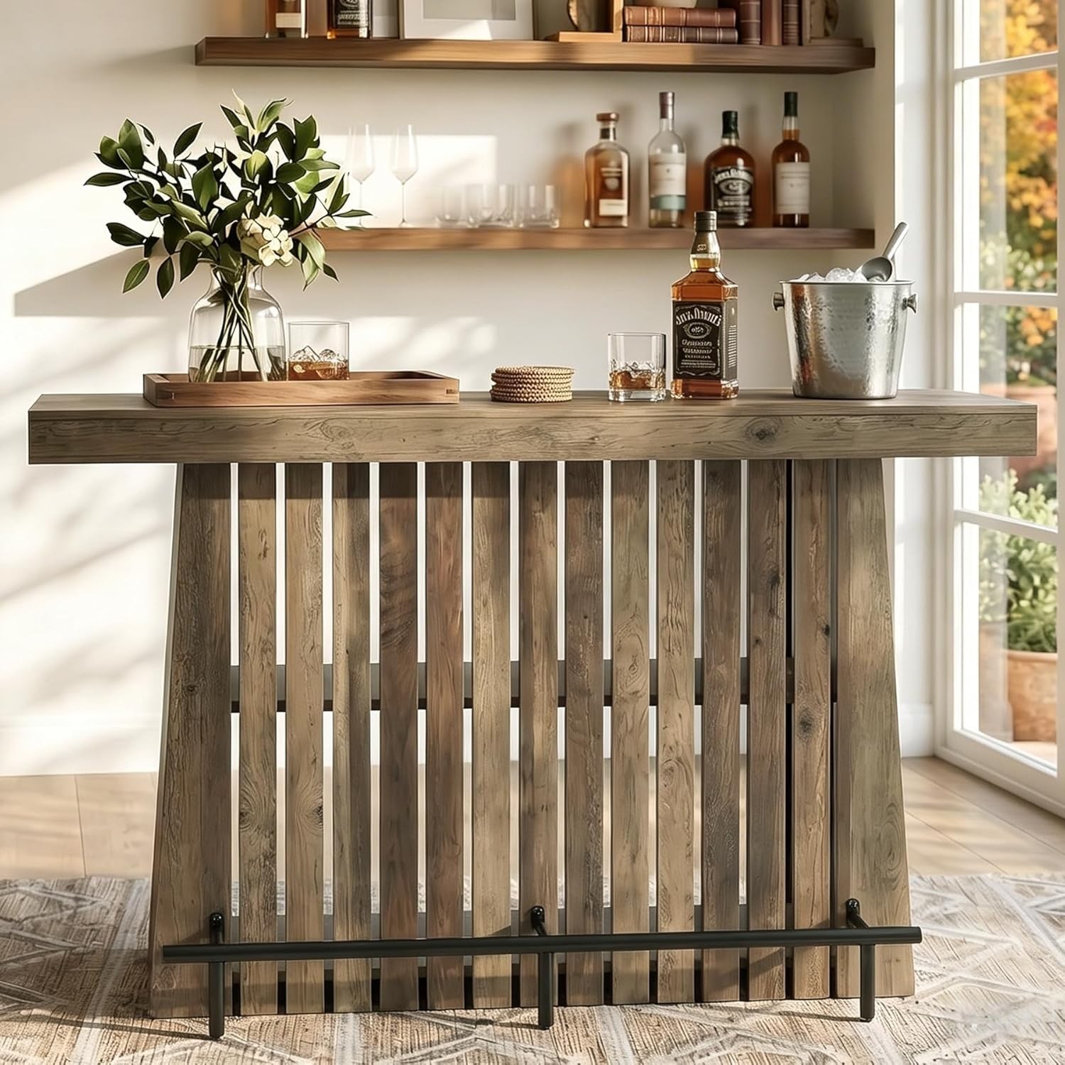 63″ Bar Table with Storage Shelves 2-Tier Wooden Home Bar Unit for Home,Bistro